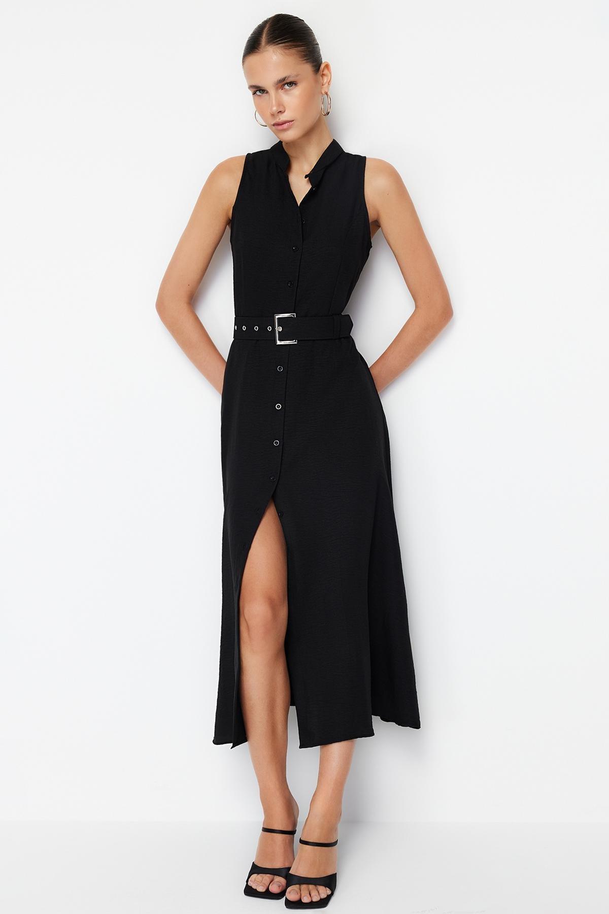 Black Belted Midi Shirt Dress, , large image number 2