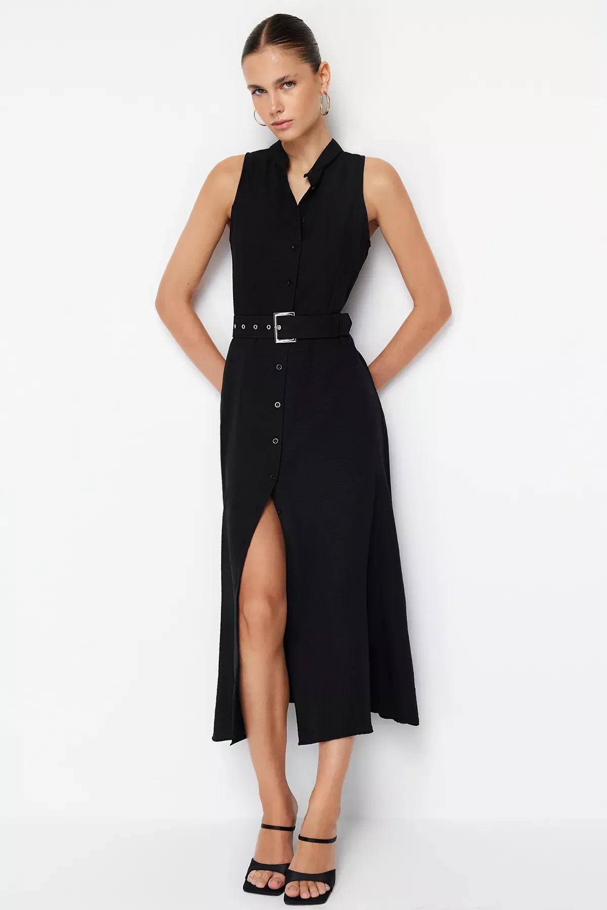 فستان بتصميم قميص متوسط الطول بحزام، أسود, BLACK, large image number 2