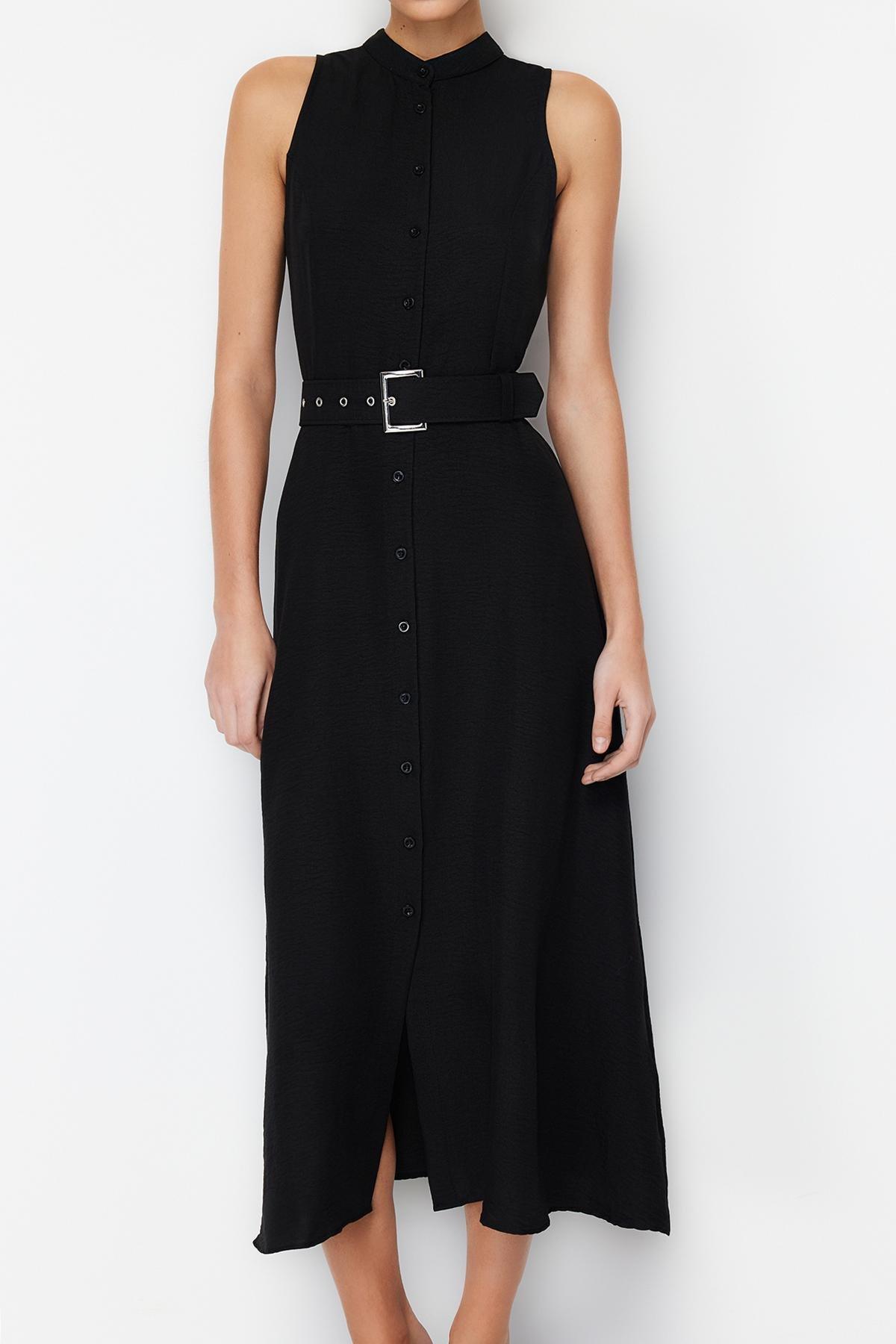 Black Belted Midi Shirt Dress, , large image number 3