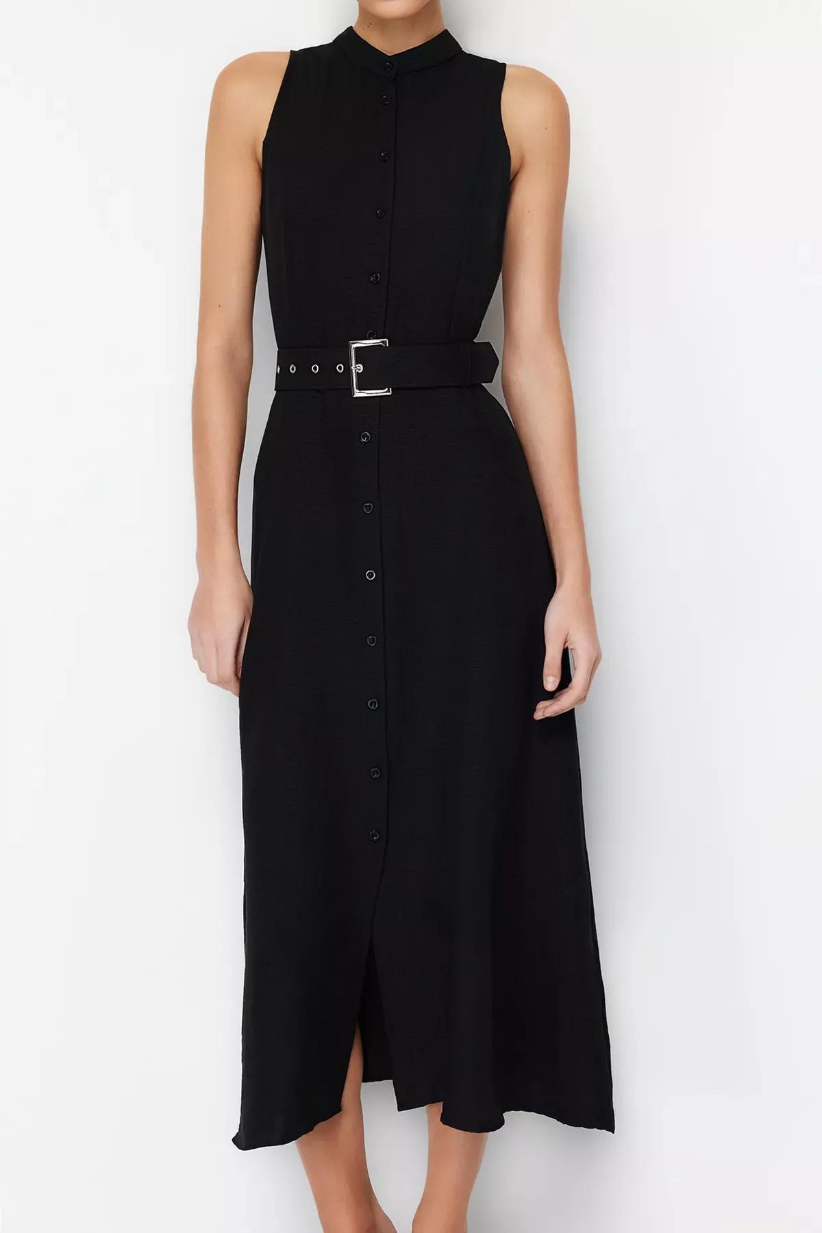 فستان بتصميم قميص متوسط الطول بحزام، أسود, BLACK, large image number 3