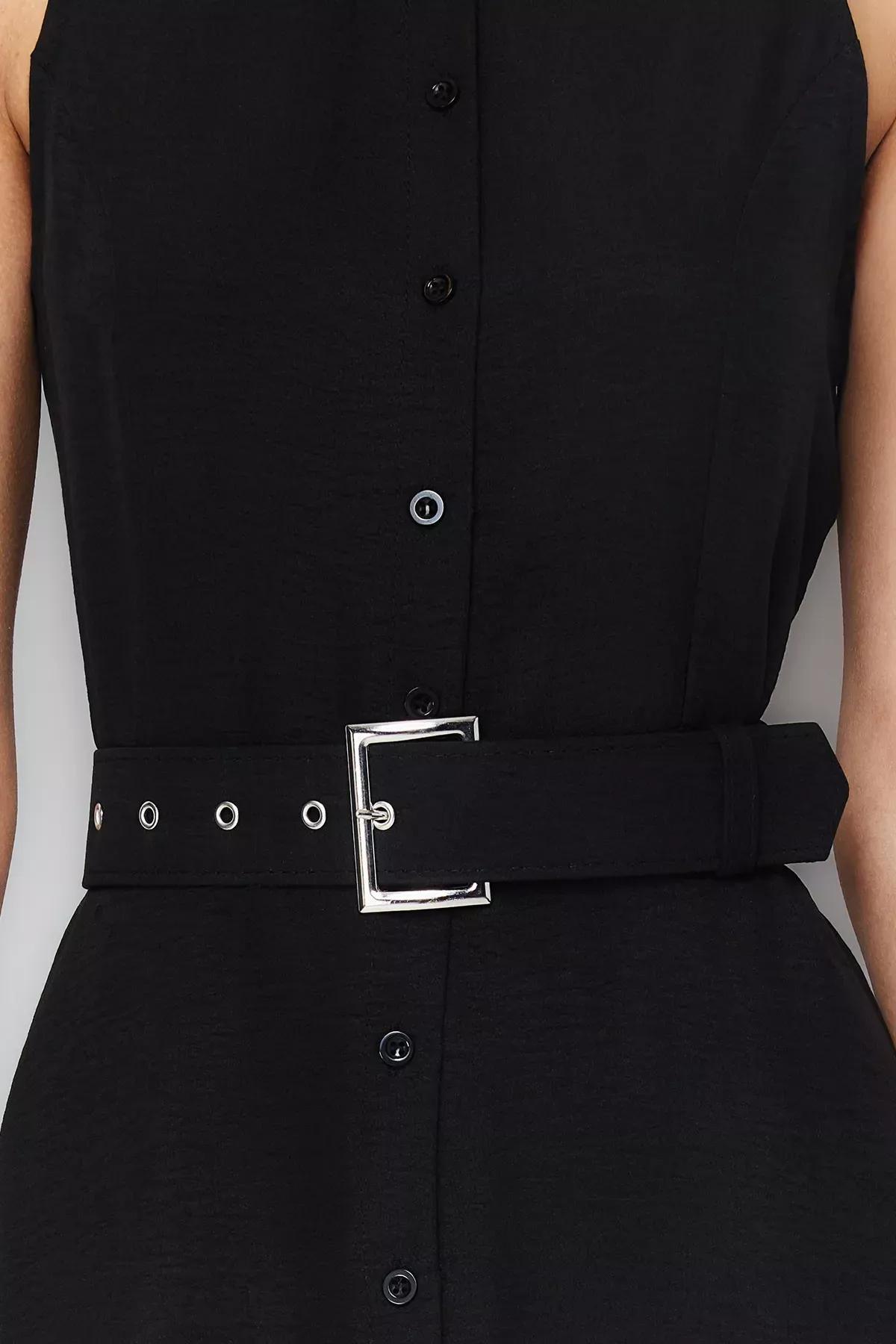 فستان بتصميم قميص متوسط الطول بحزام، أسود, BLACK, large image number 4