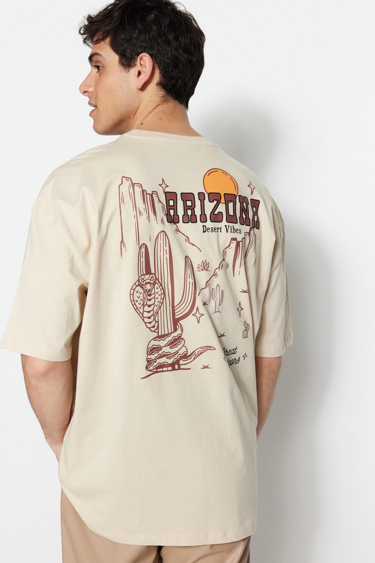 Beige Tropical Oversize T-Shirt, , large image number 1
