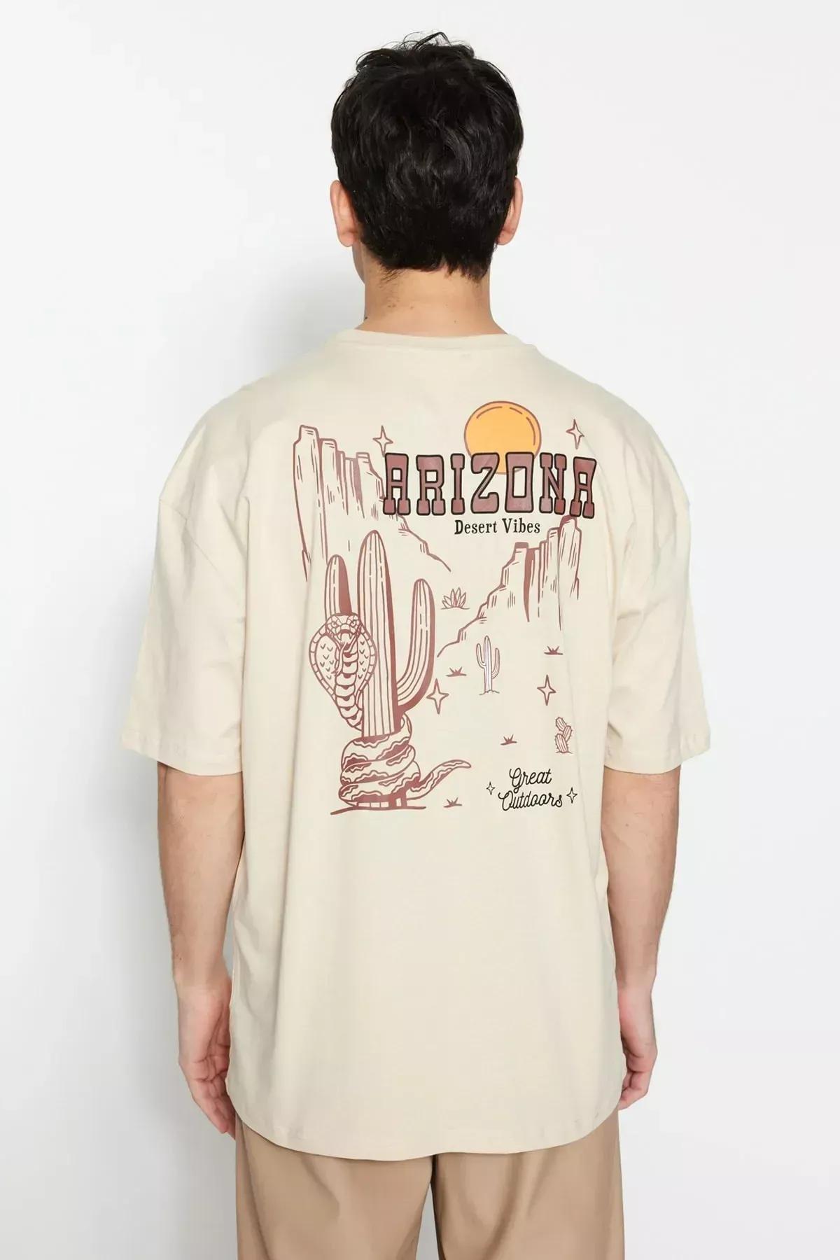 Beige Tropical Oversize T-Shirt, , large image number 1