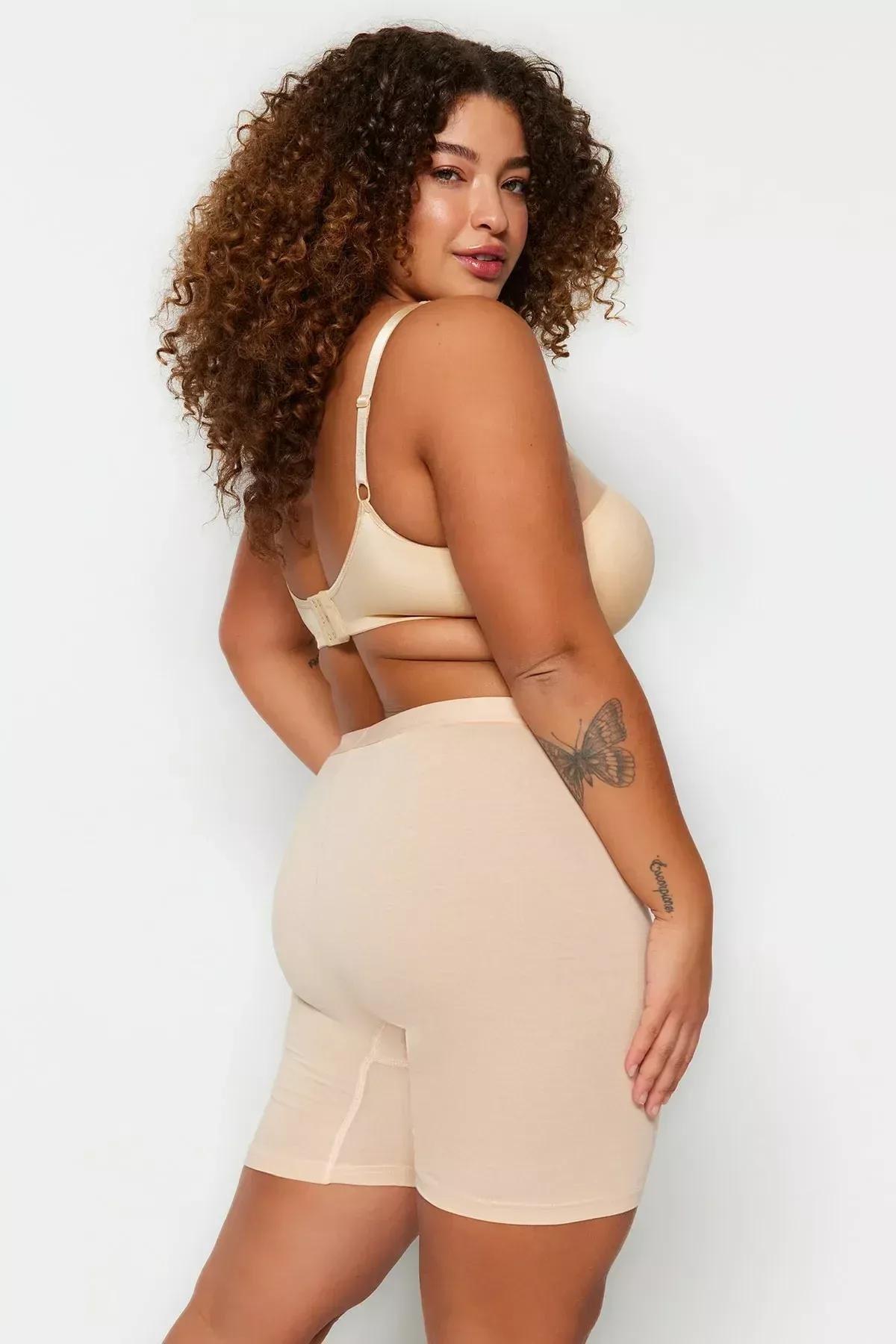 Beige High Waist Plus Size Leggings, Beige, large image number 2