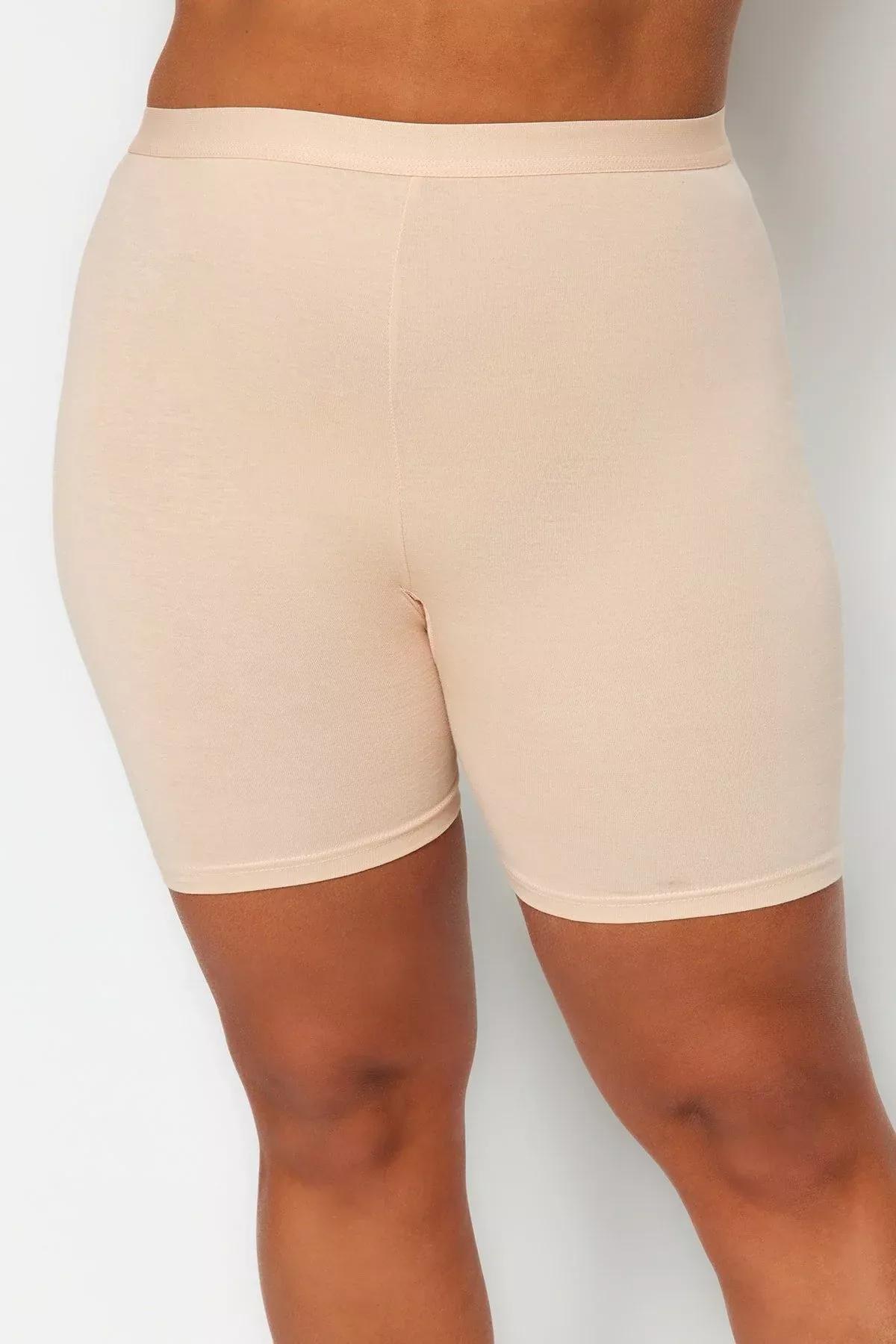 Beige High Waist Plus Size Leggings, Beige, large image number 3