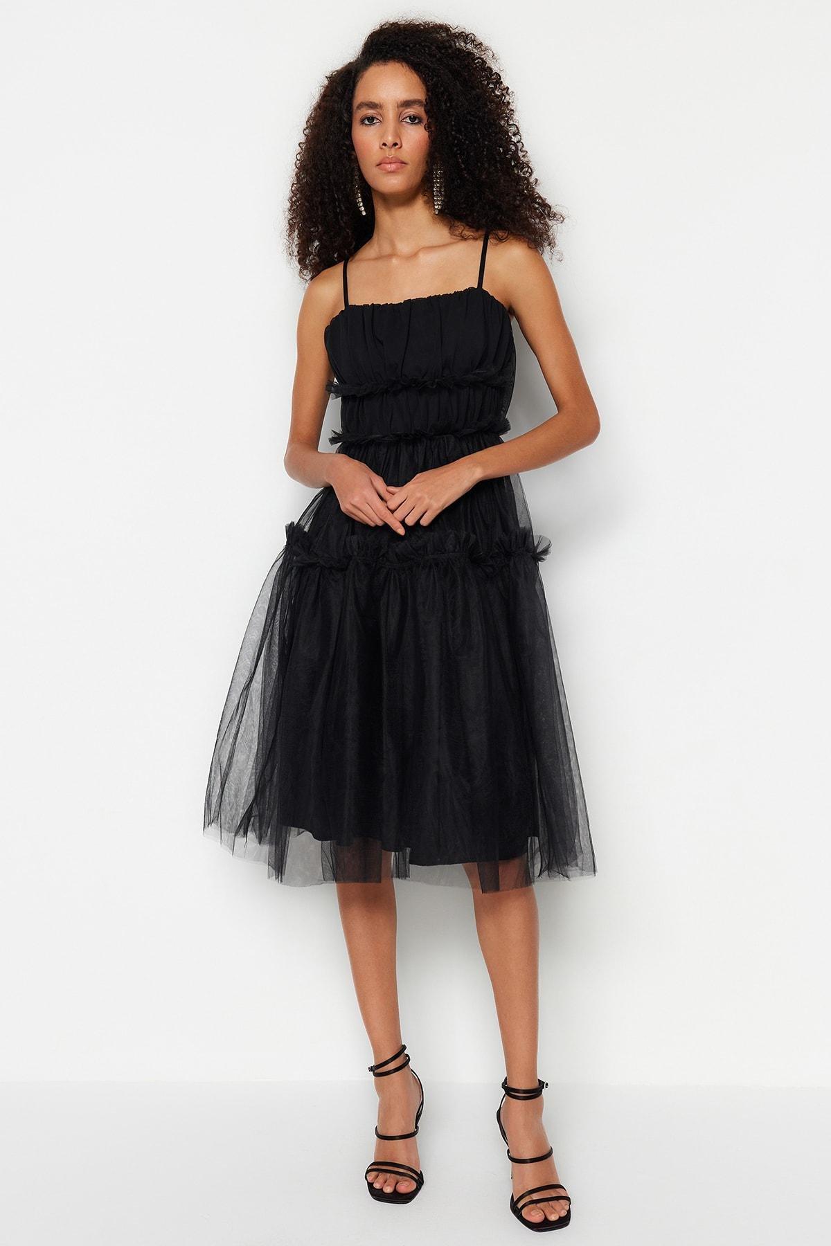 Black Square Collar Skater Dress, , large image number 0