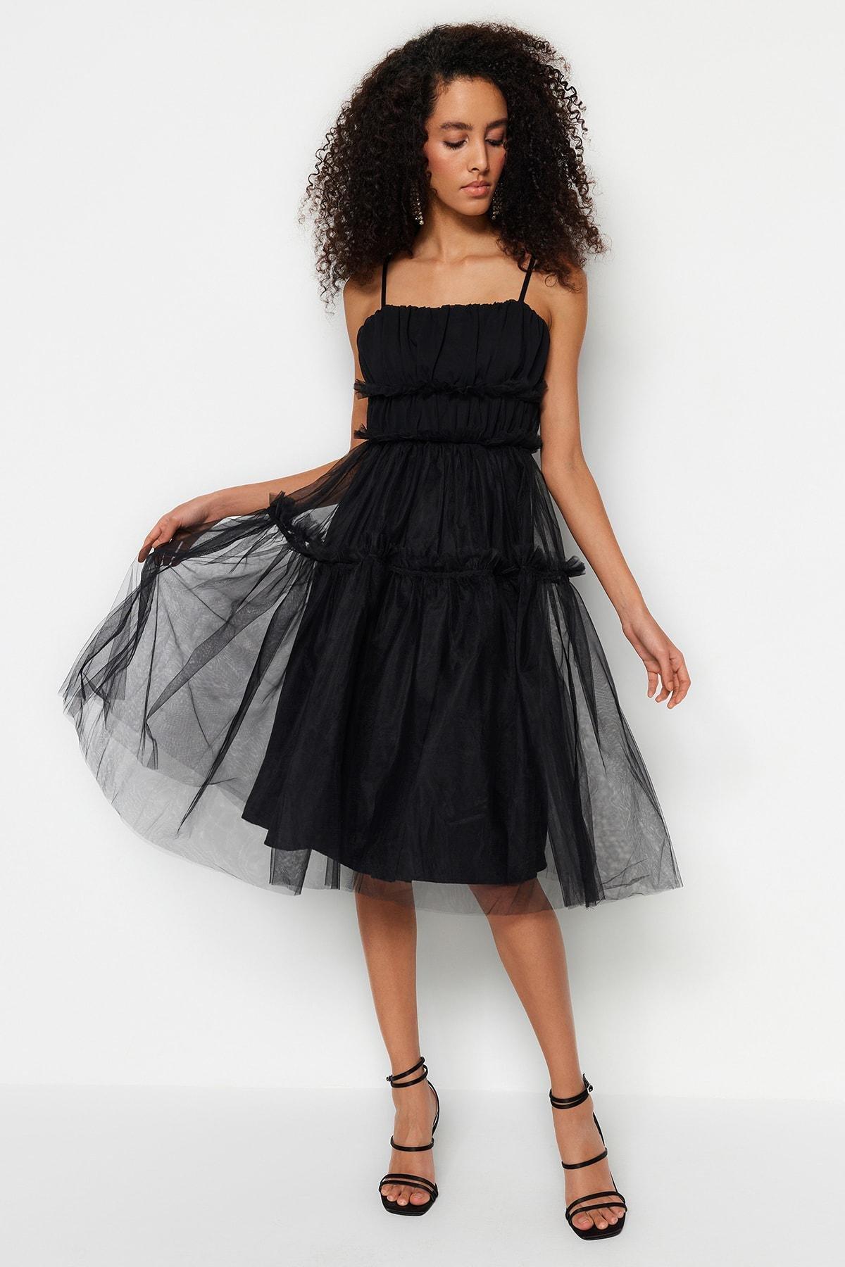 Black Square Collar Skater Dress, , large image number 1