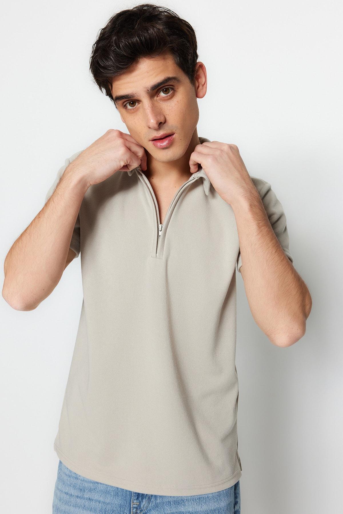 Gray Fitted Polo Neck T-Shirt, , large image number 1