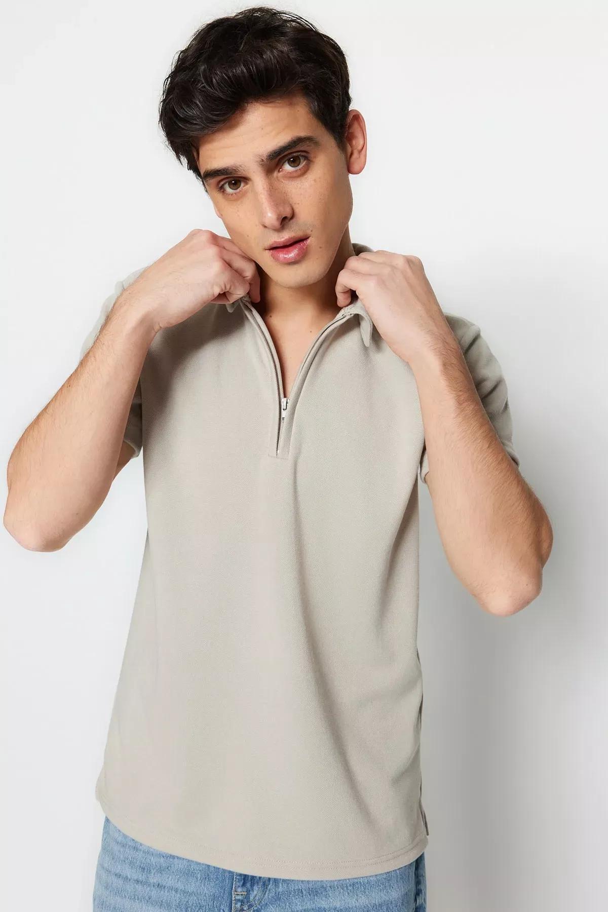 Gray Fitted Polo Neck T-Shirt, Gray, large image number 1