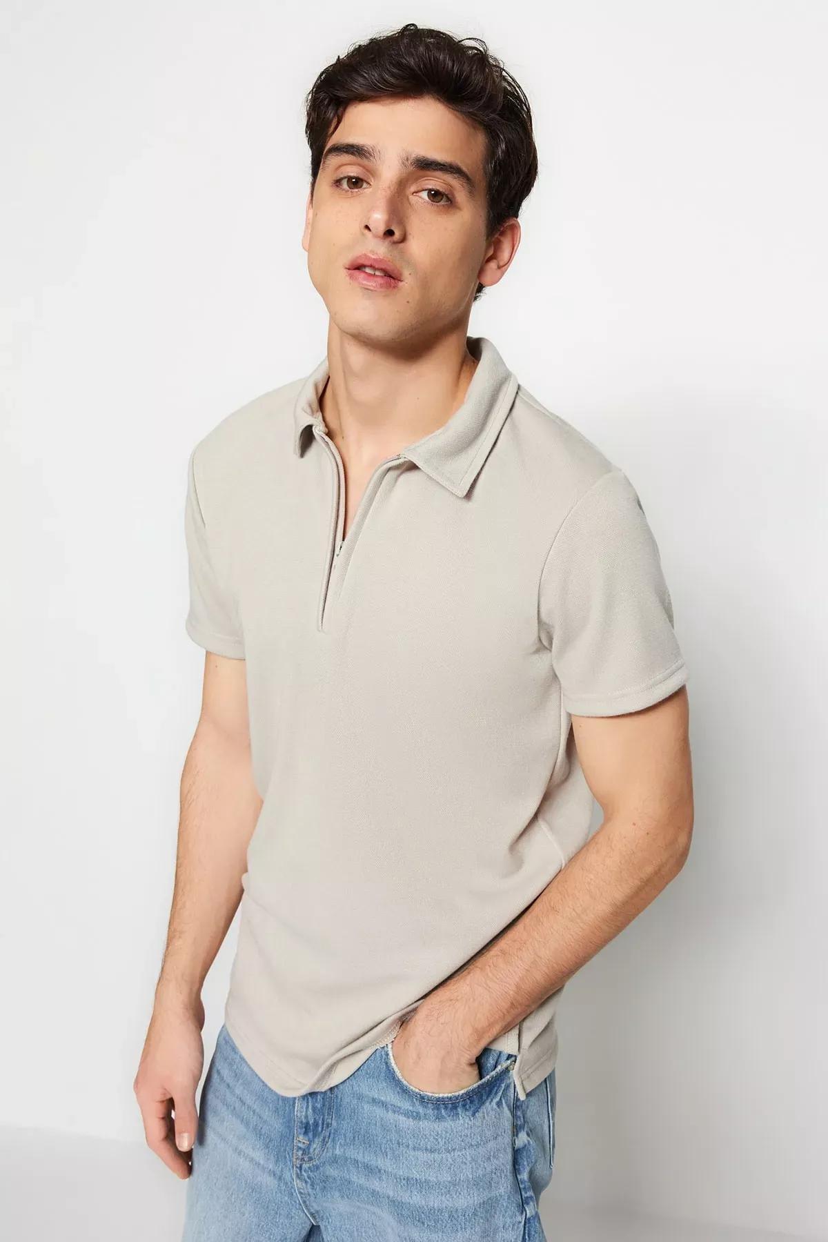 Gray Fitted Polo Neck T-Shirt, Gray, medium