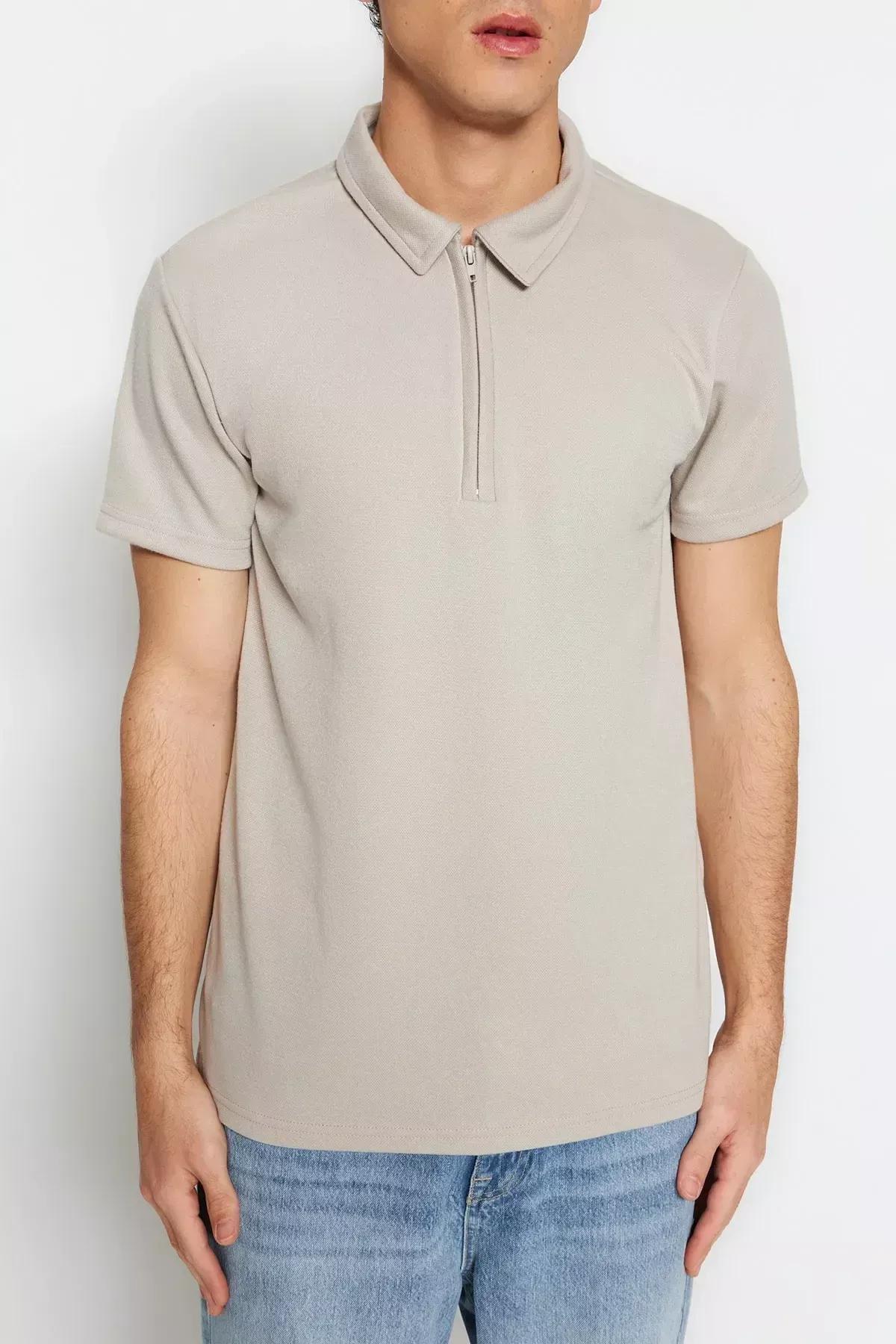 Gray Fitted Polo Neck T-Shirt, Gray, large image number 3