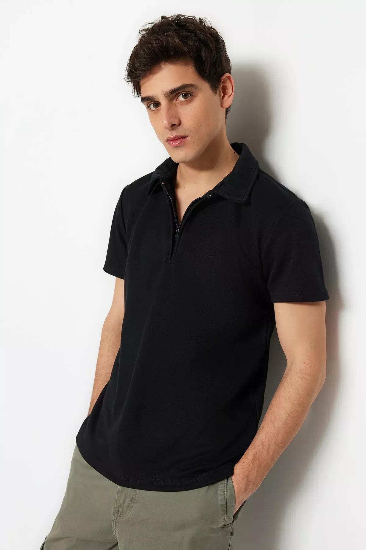 Black Fitted Polo Neck T-Shirt, Black, medium