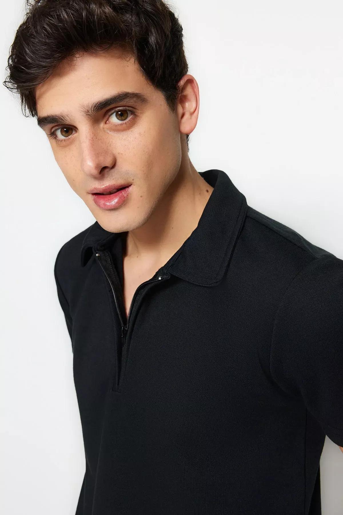 Black Fitted Polo Neck T-Shirt, Black, medium