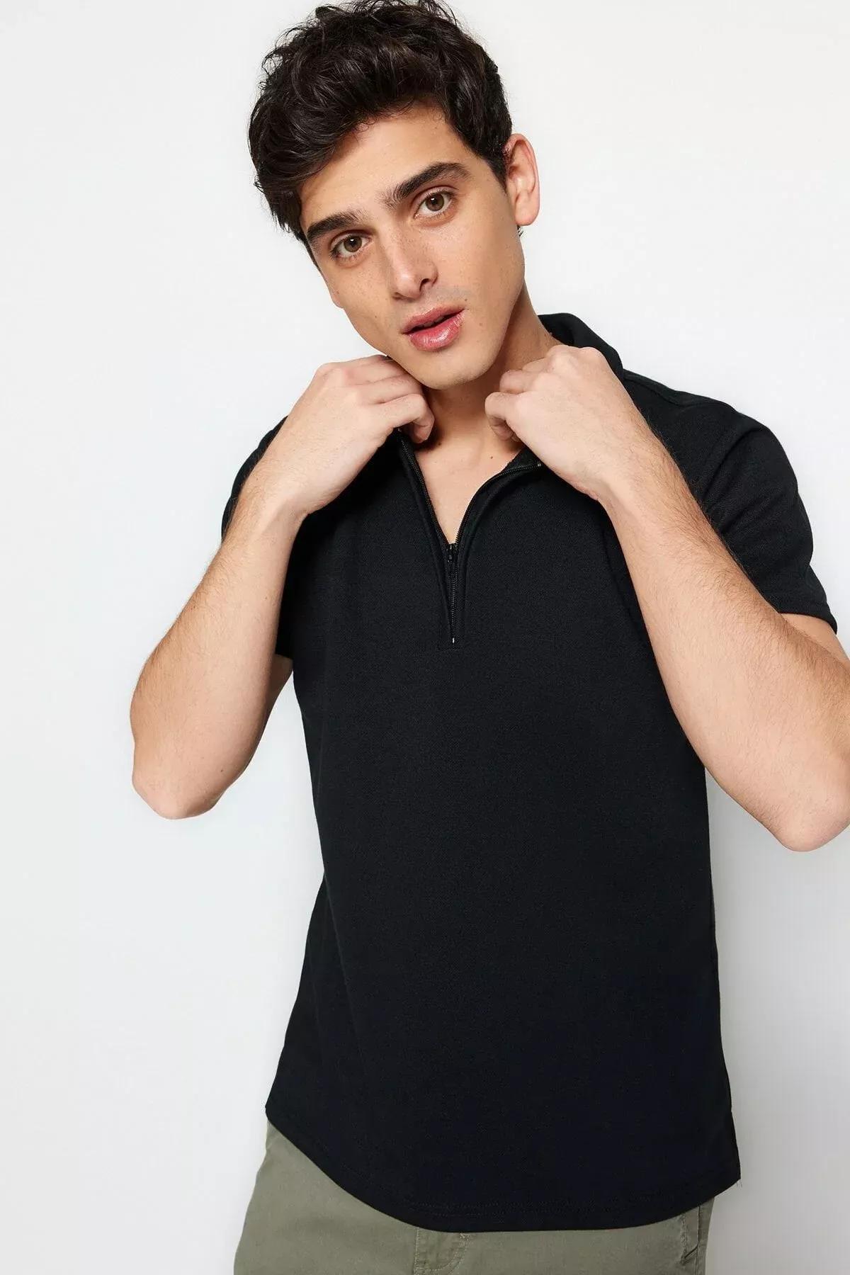 Black Fitted Polo Neck T-Shirt, Black, medium