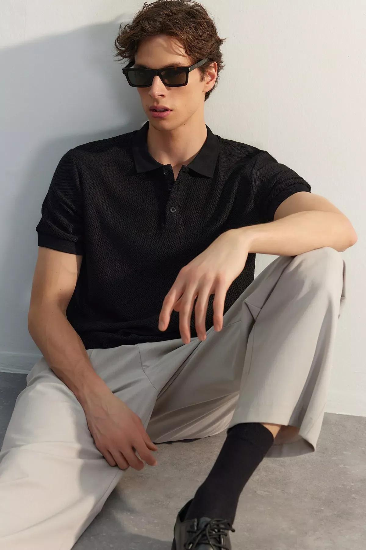 Black Fitted Polo T-Shirt, BLACK, large image number 0