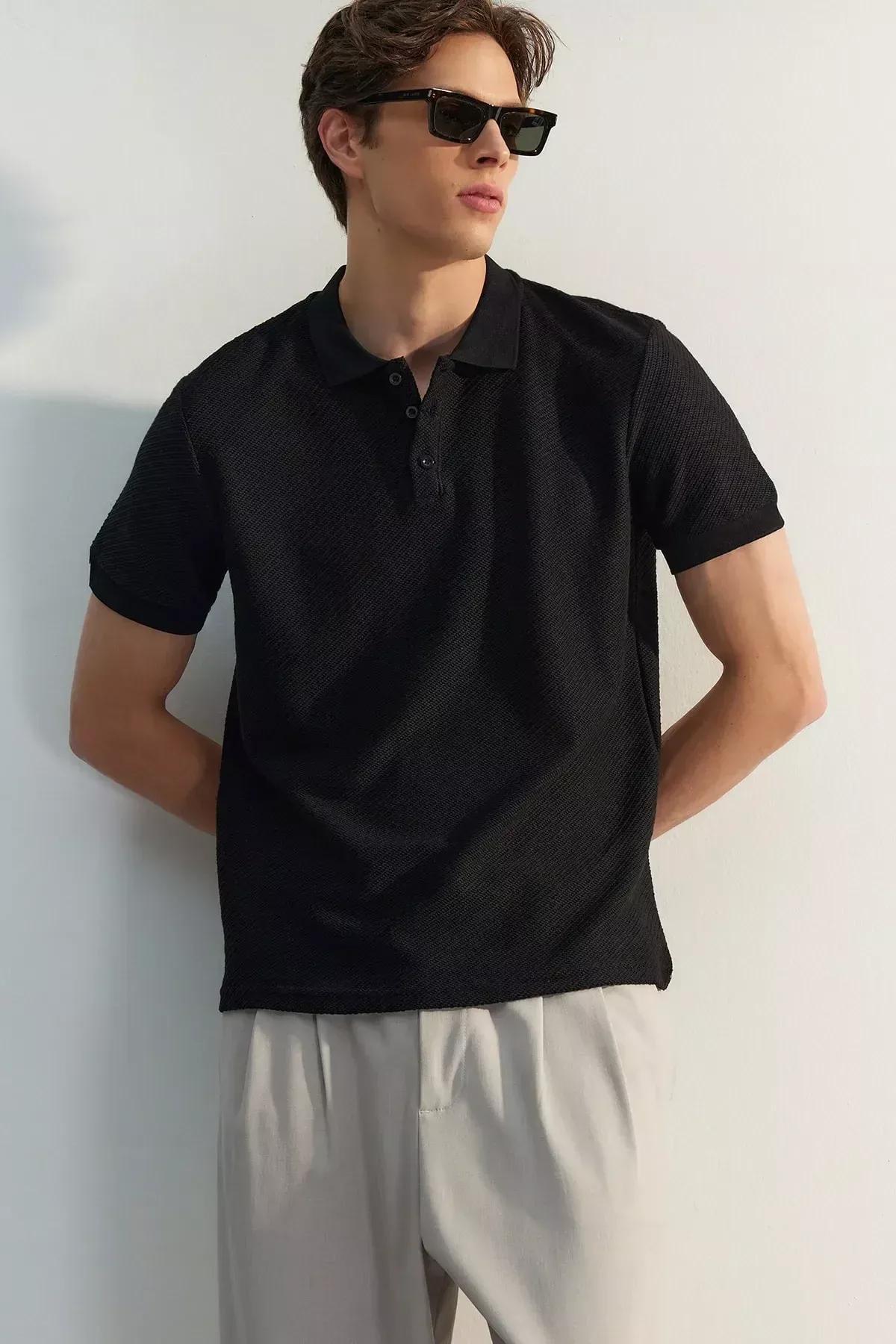 Black Fitted Polo T-Shirt, BLACK, large image number 4