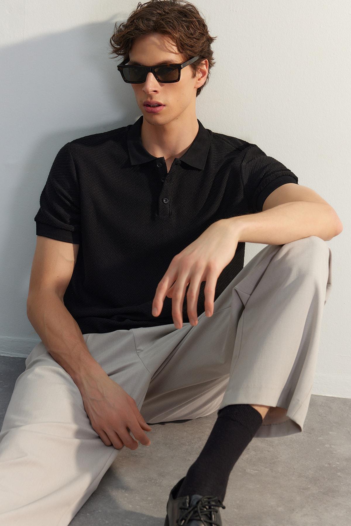 Black Fitted Polo T-Shirt, , large image number 7