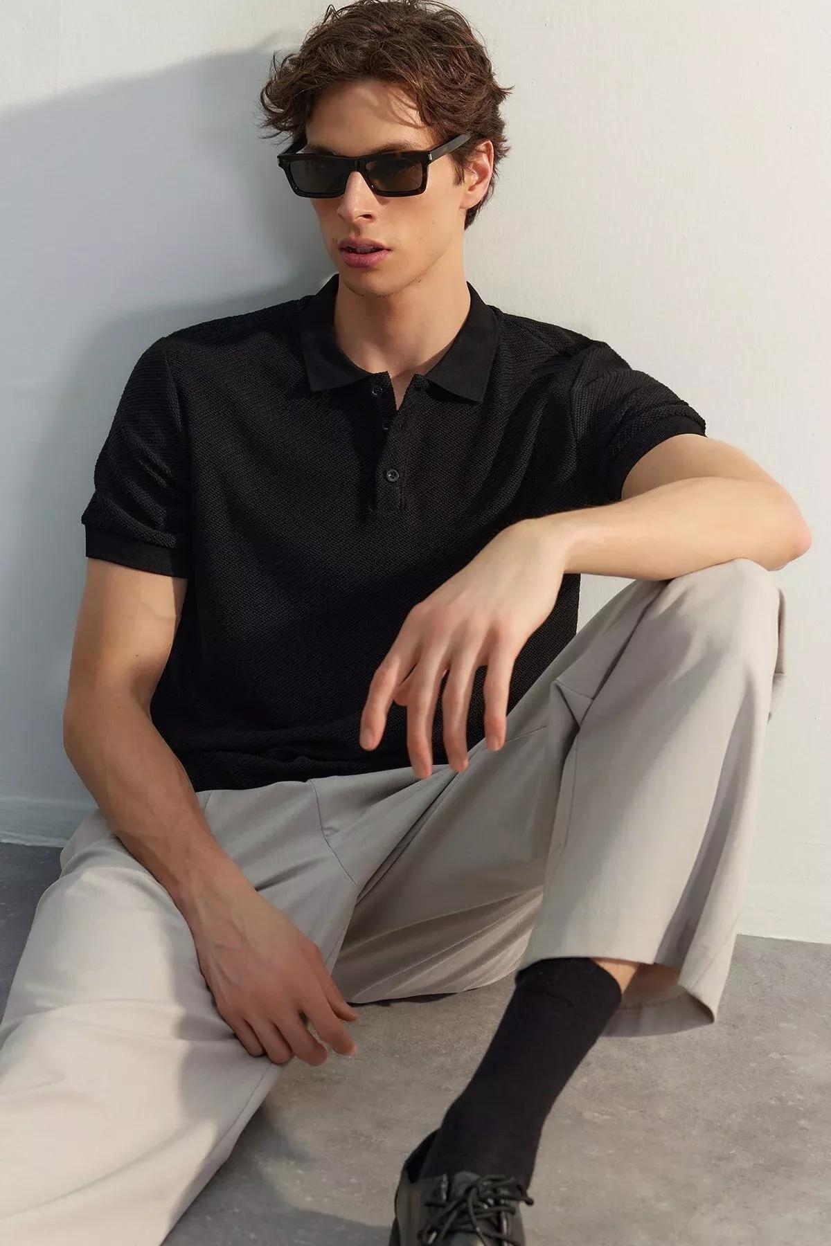 Black Fitted Polo T-Shirt, BLACK, large image number 7