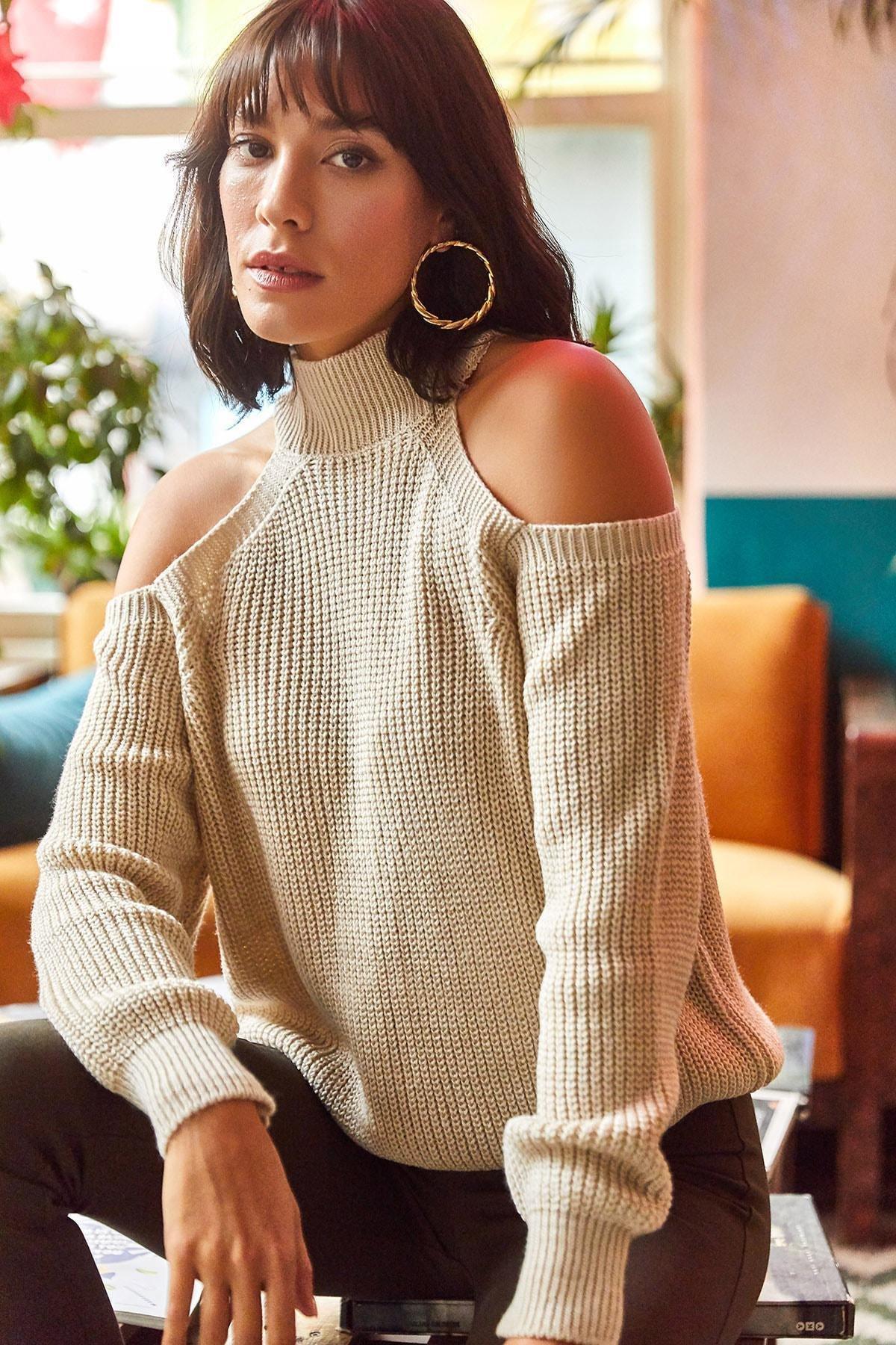 Beige Turtleneck Open-Shoulder Sweater, Rock, large image number 3
