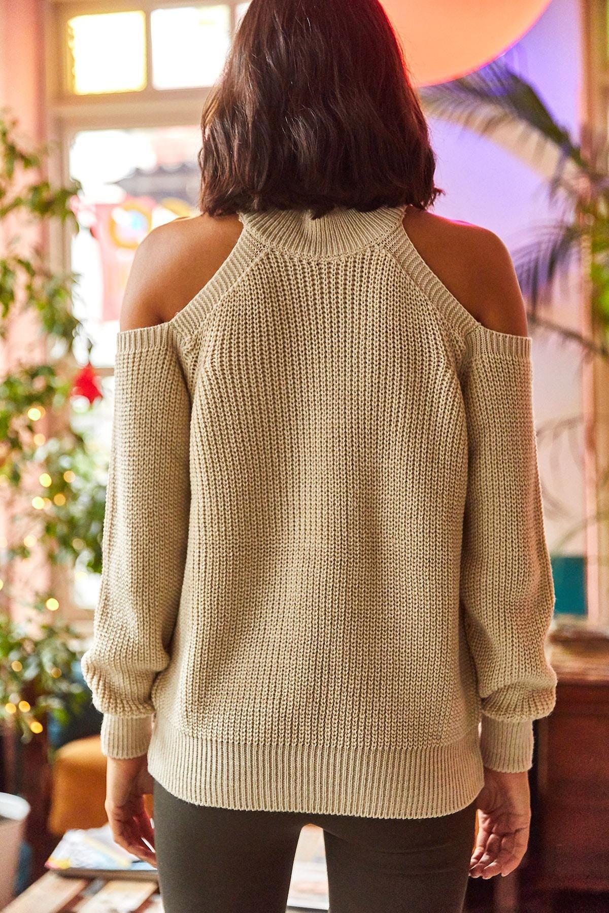 Beige Turtleneck Open-Shoulder Sweater, Rock, large image number 4