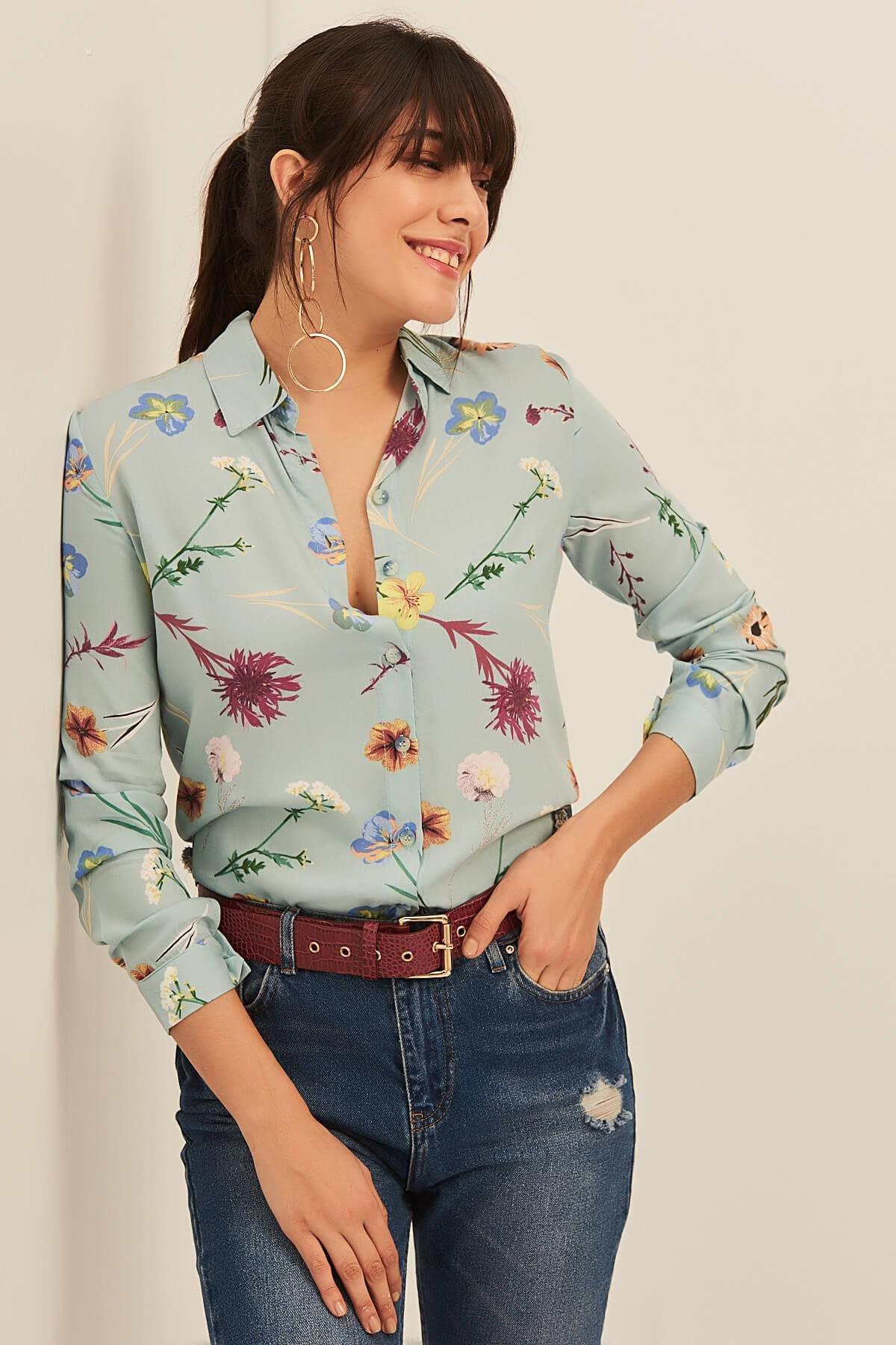 Blue Floral Viscose Shirt, , medium
