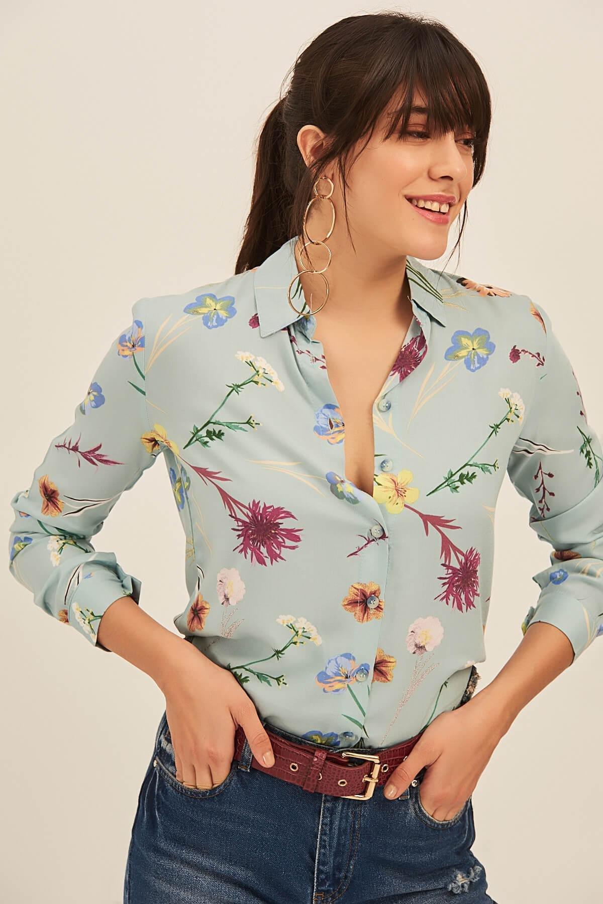 Blue Floral Viscose Shirt, , large image number 1