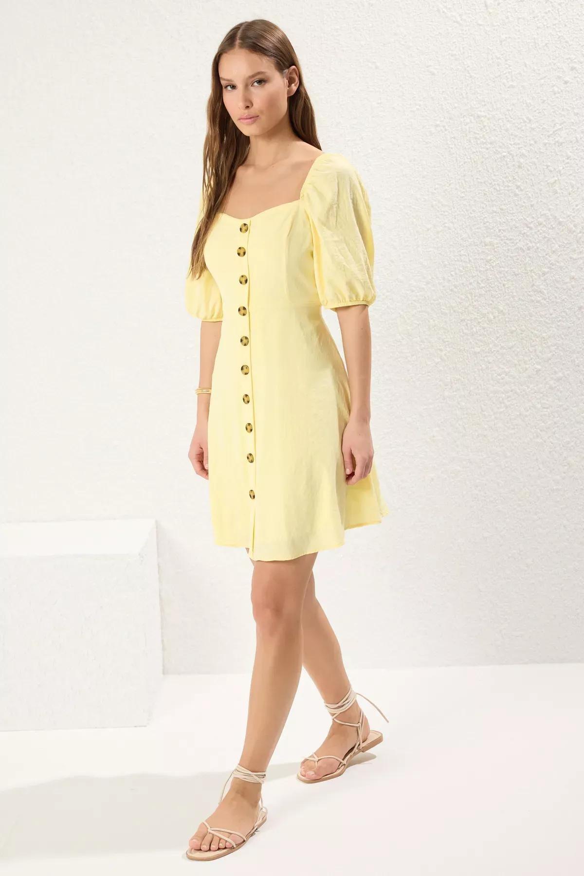 Yellow A-Line Balloon Sleeve Mini Dress, , large image number 0