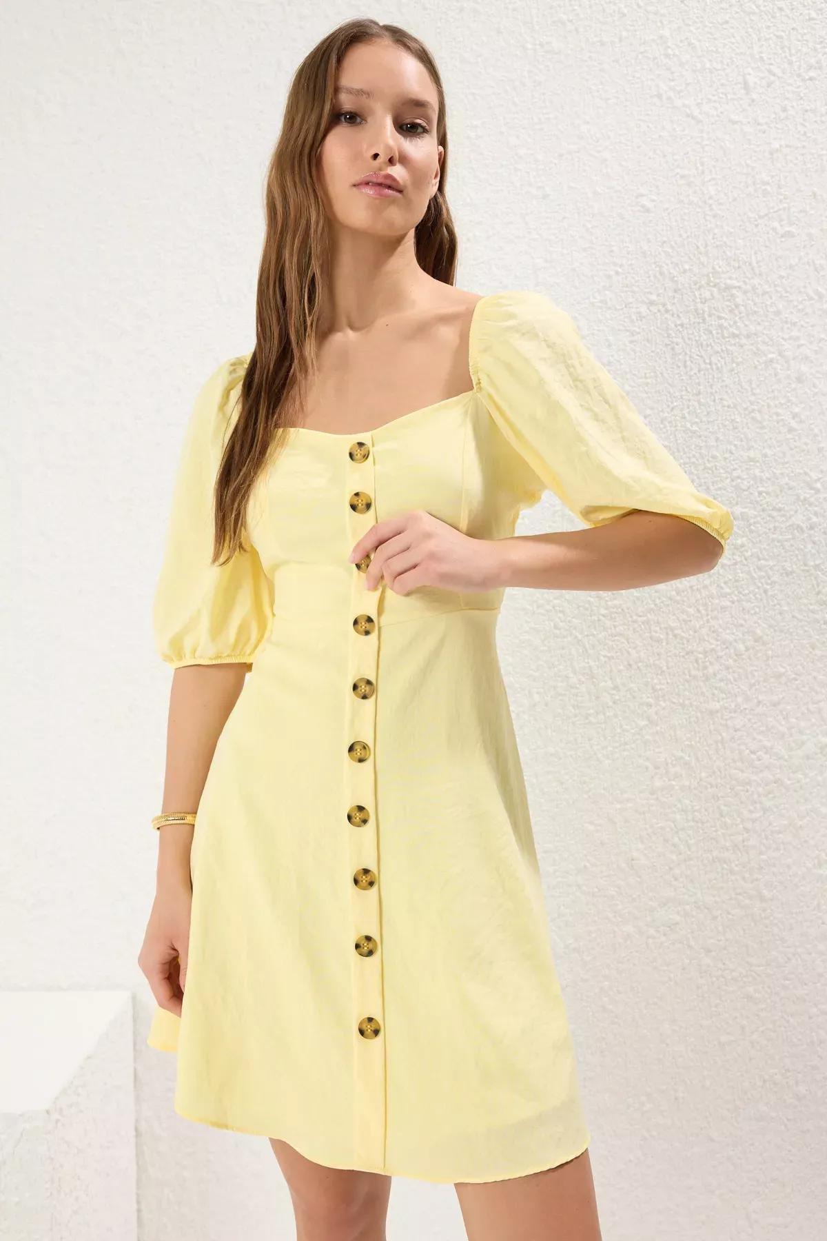 Yellow A-Line Balloon Sleeve Mini Dress, , large image number 1