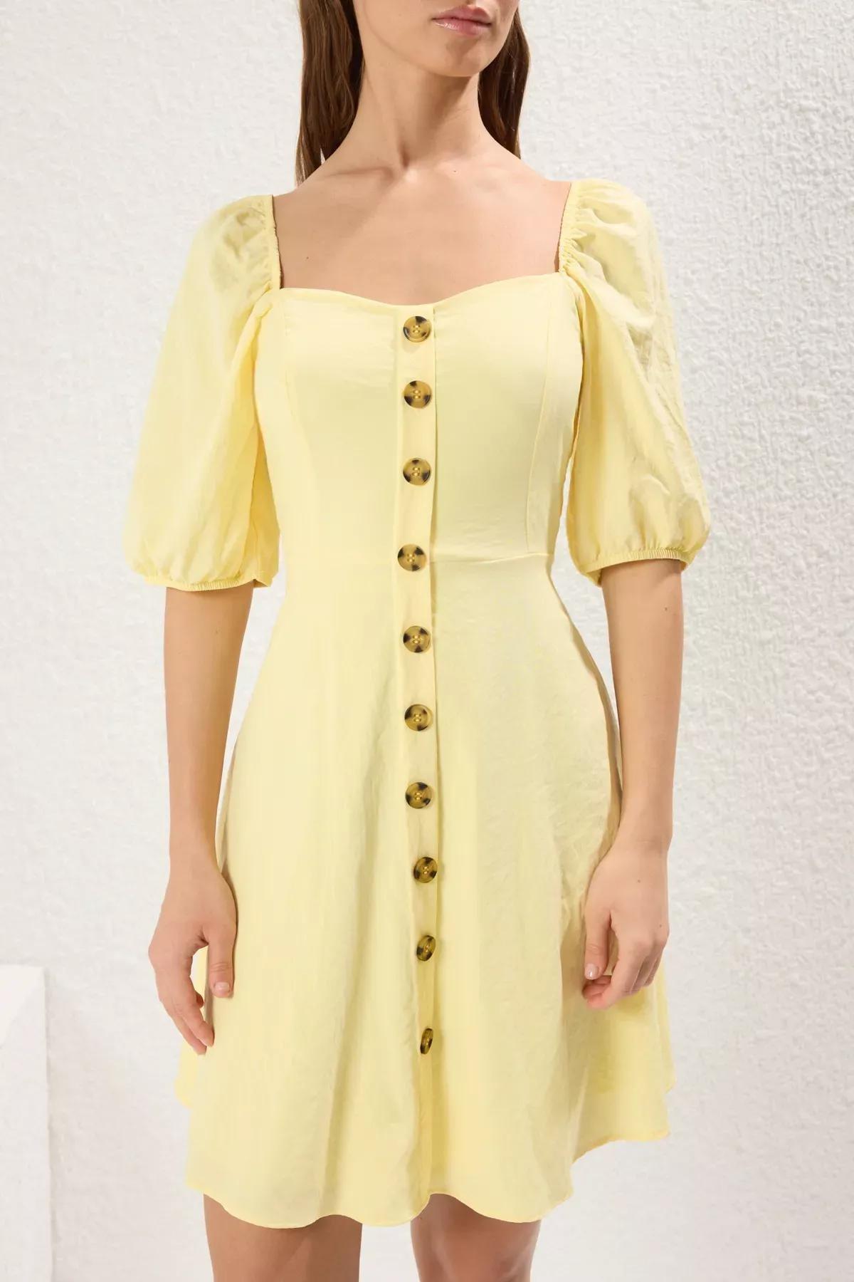 Yellow A-Line Balloon Sleeve Mini Dress, , large image number 2