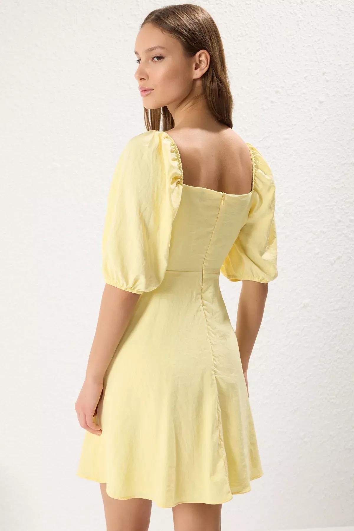 Yellow A-Line Balloon Sleeve Mini Dress, , large image number 4