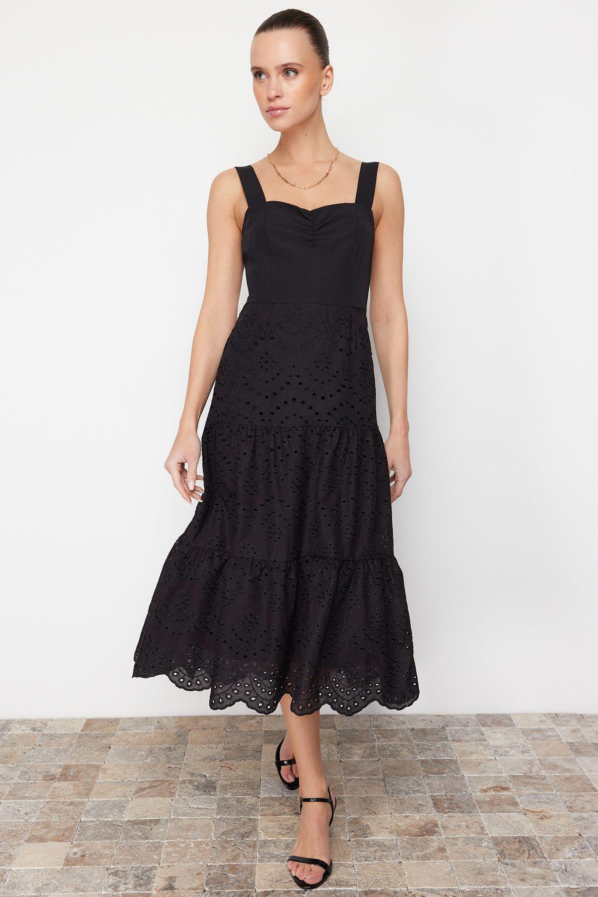 Black Waist Opening Midi Embroidered Lined Woven Dress TWOSS23EL00156, , large image number 0