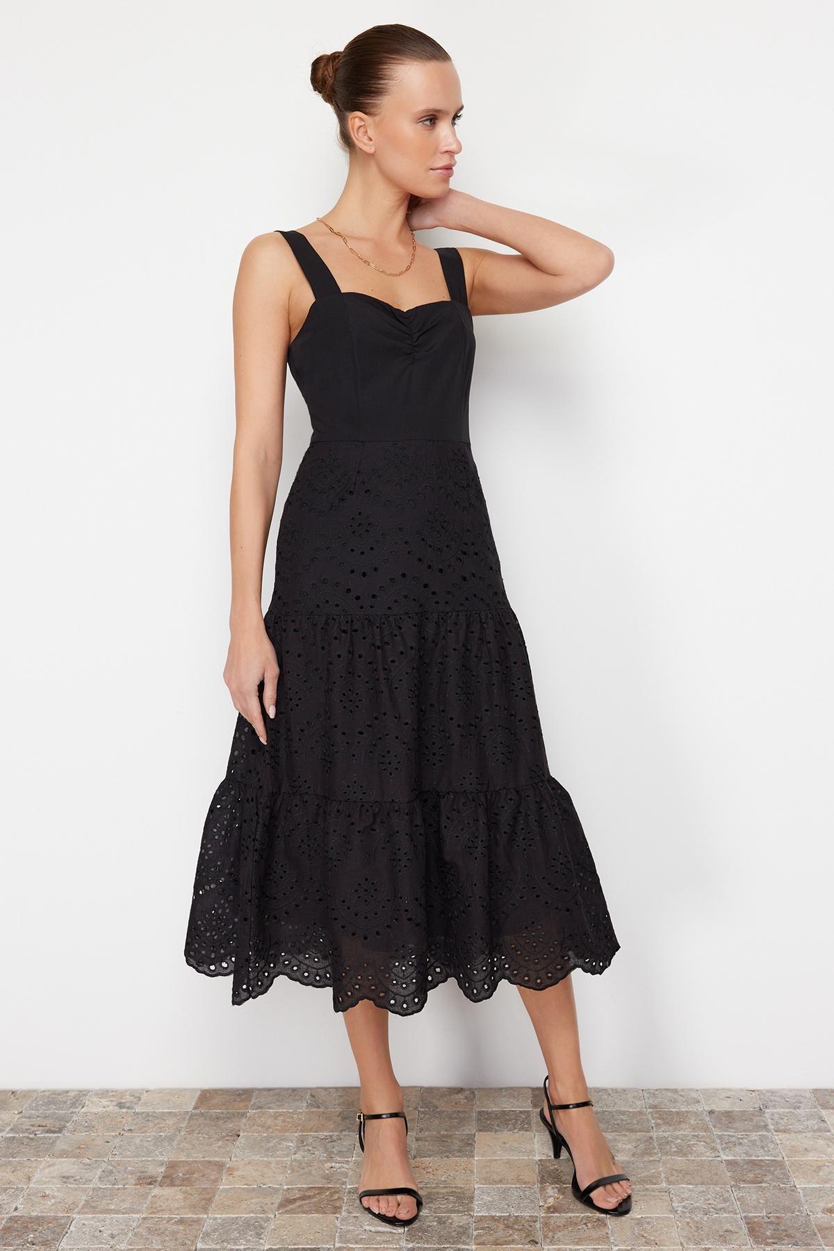 Black Waist Opening Midi Embroidered Lined Woven Dress TWOSS23EL00156, , large image number 1