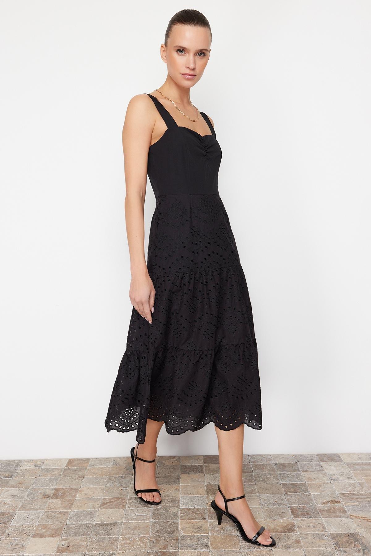 Black Waist Opening Midi Embroidered Lined Woven Dress TWOSS23EL00156, , large image number 2