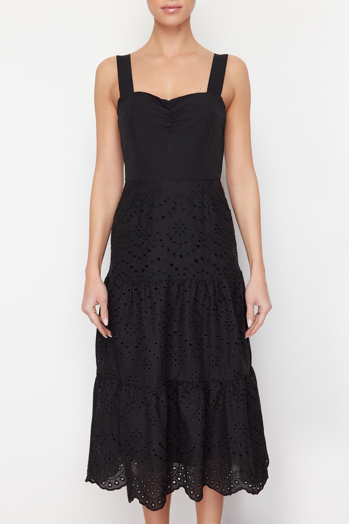 Black Waist Opening Midi Embroidered Lined Woven Dress TWOSS23EL00156, , large image number 5