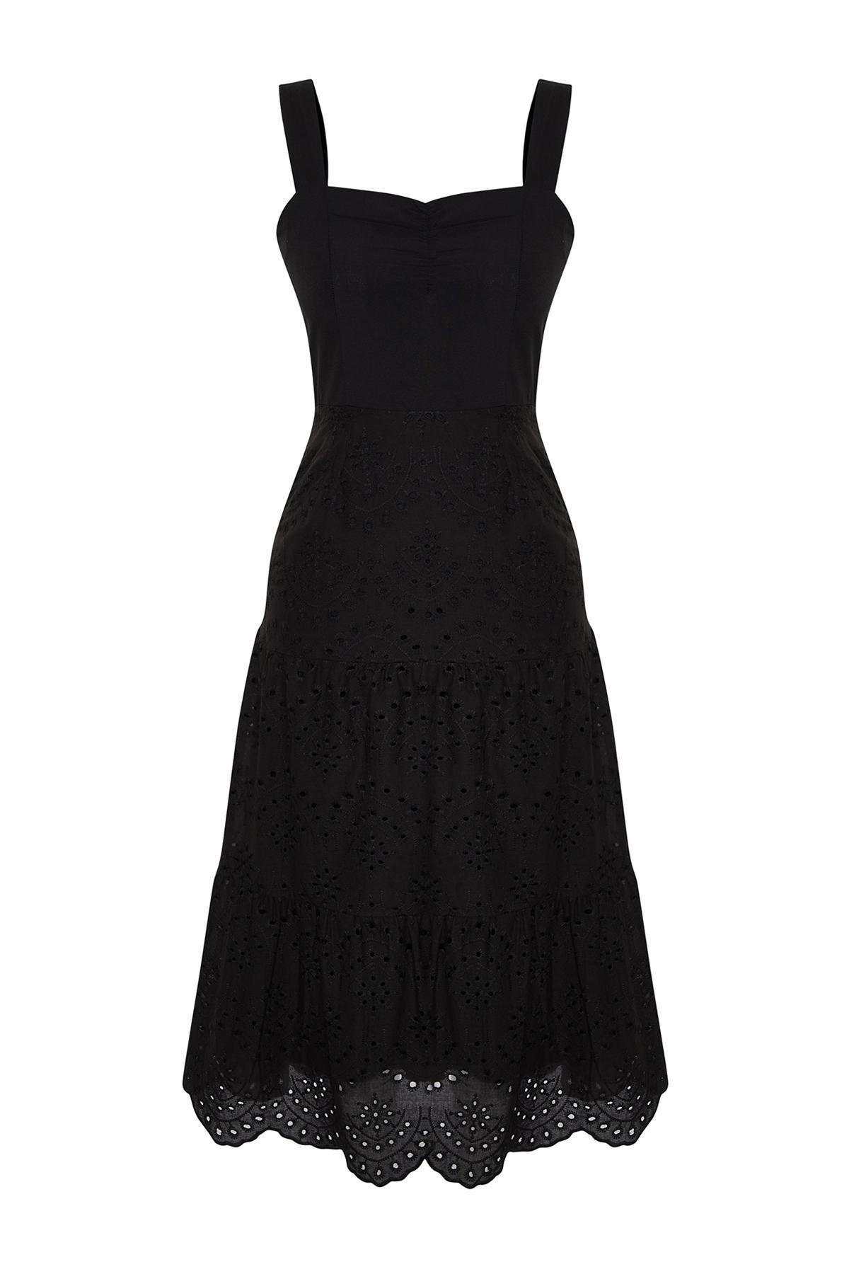 Black Waist Opening Midi Embroidered Lined Woven Dress TWOSS23EL00156, , large image number 6