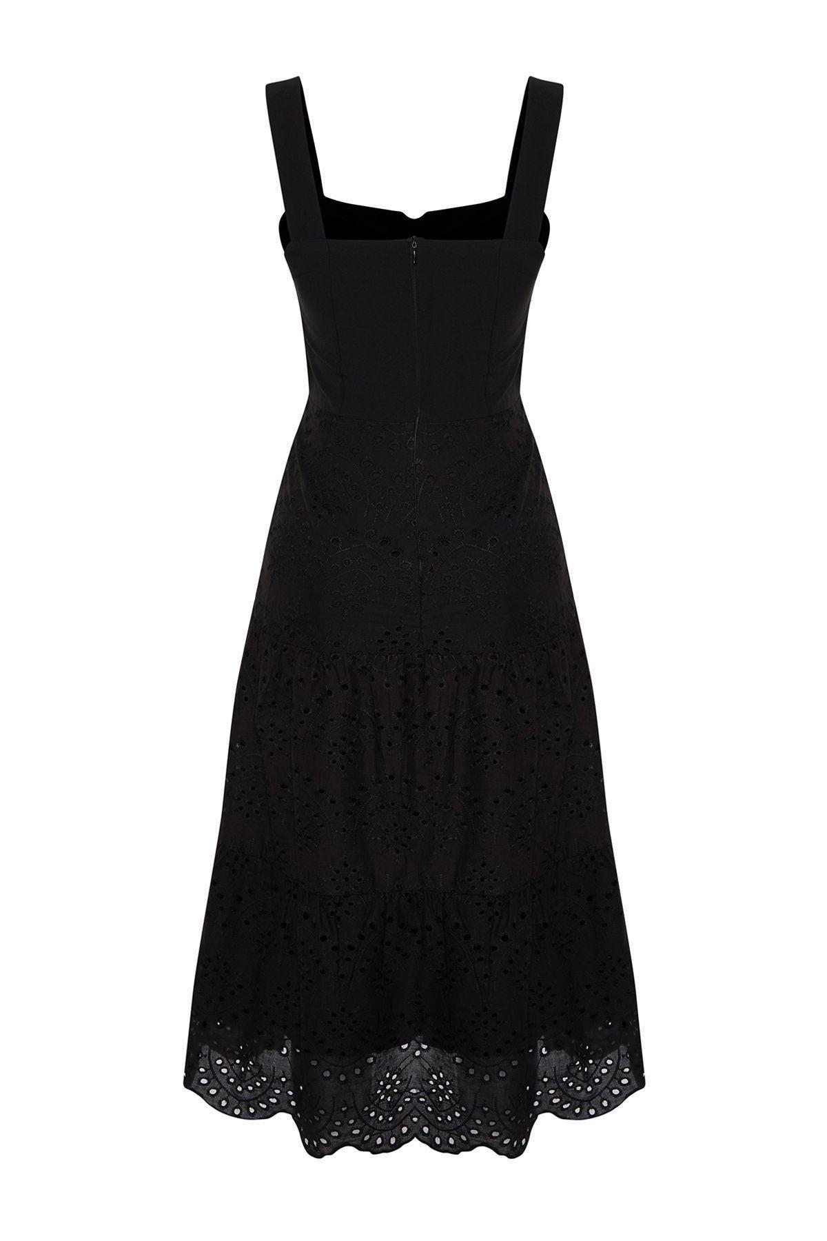 Black Waist Opening Midi Embroidered Lined Woven Dress TWOSS23EL00156, , large image number 7