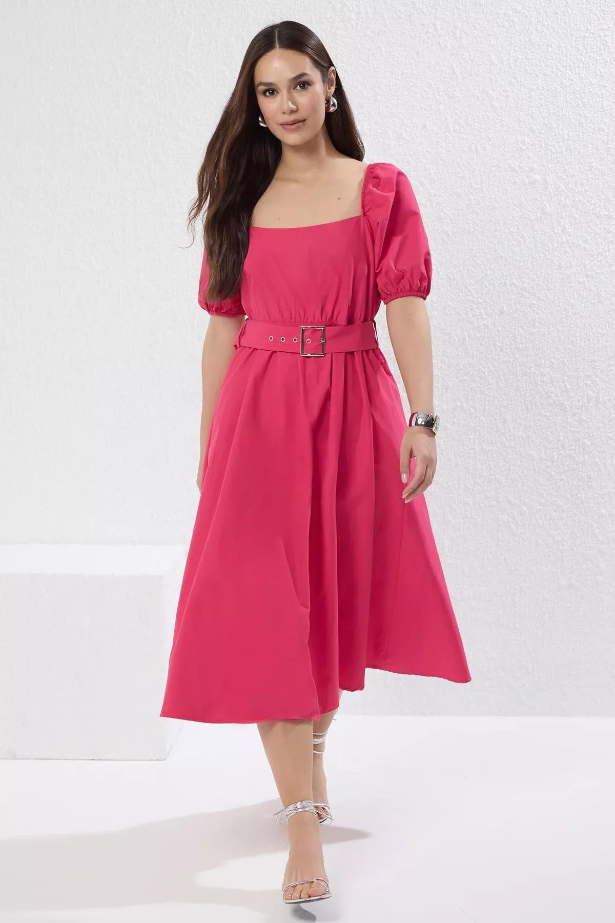 Pink Plain Belted Midi Dress, , large image number 0