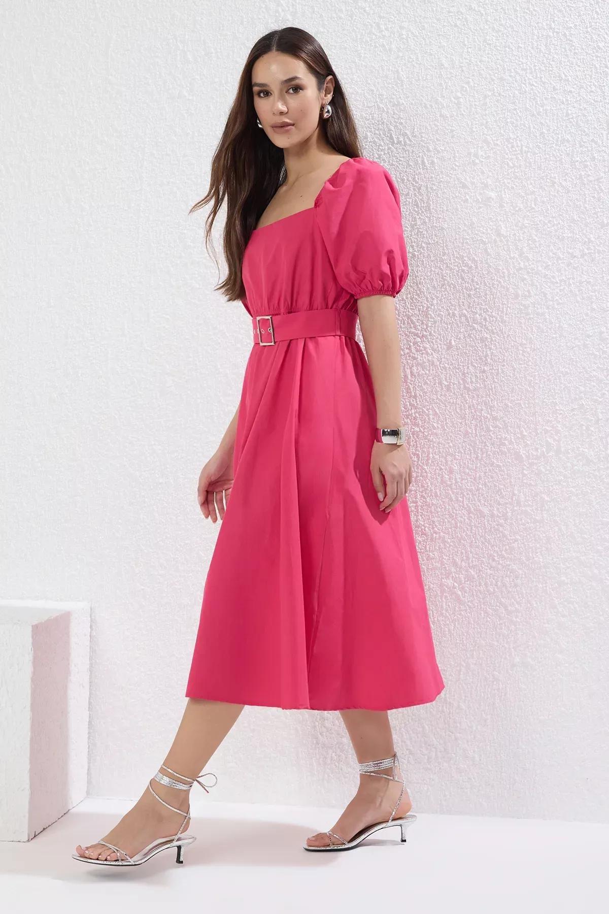 Pink Plain Belted Midi Dress, , large image number 1