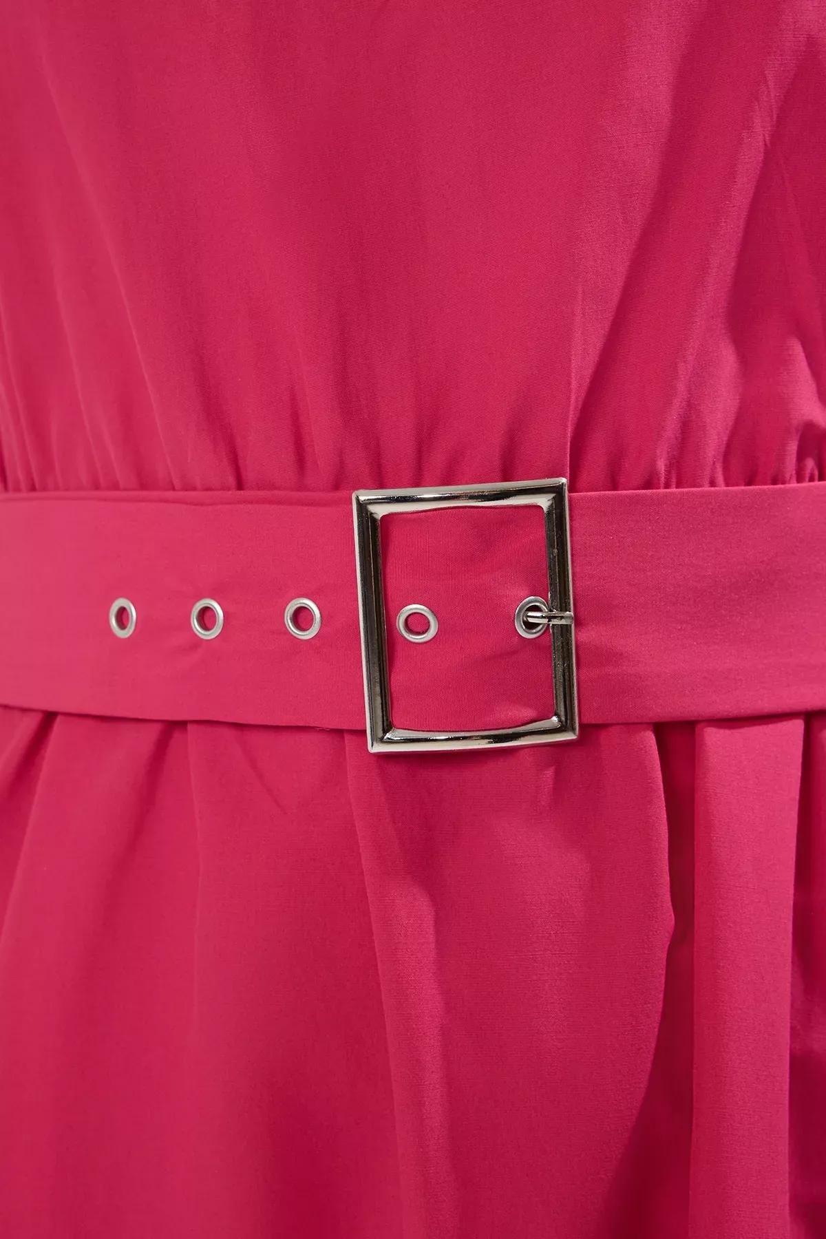 Pink Plain Belted Midi Dress, , large image number 2