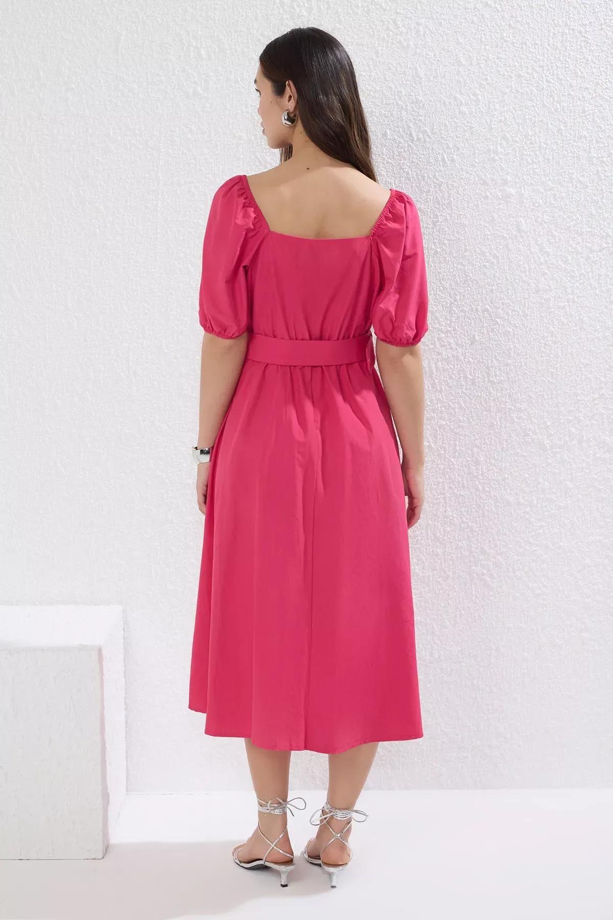 Pink Plain Belted Midi Dress, , large image number 3