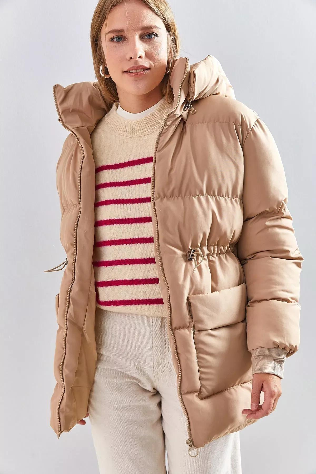 Beige Hooded Coat with Waist Elastic, Beige, large image number 0