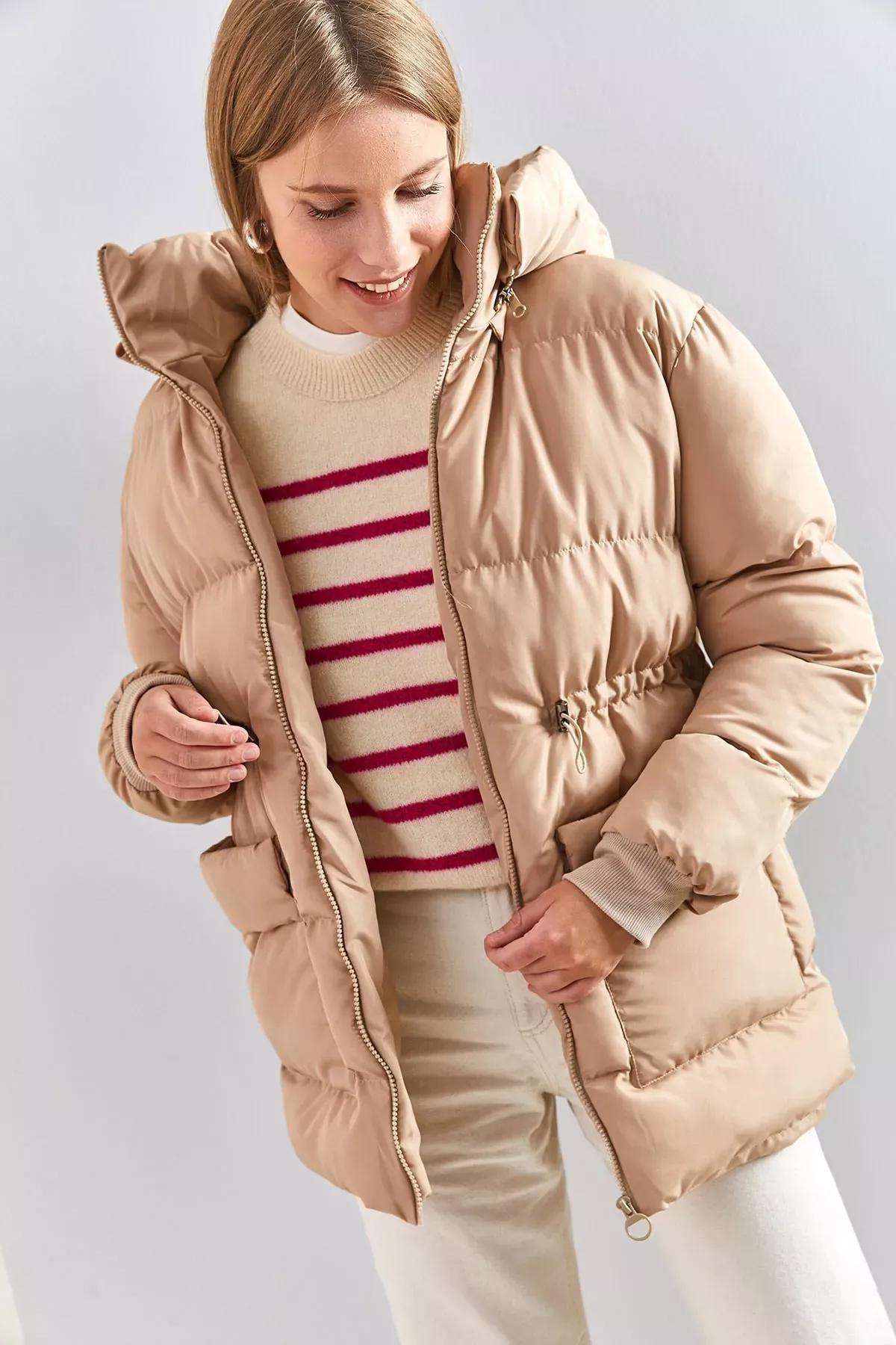 Beige Hooded Coat with Waist Elastic, Beige, large image number 1