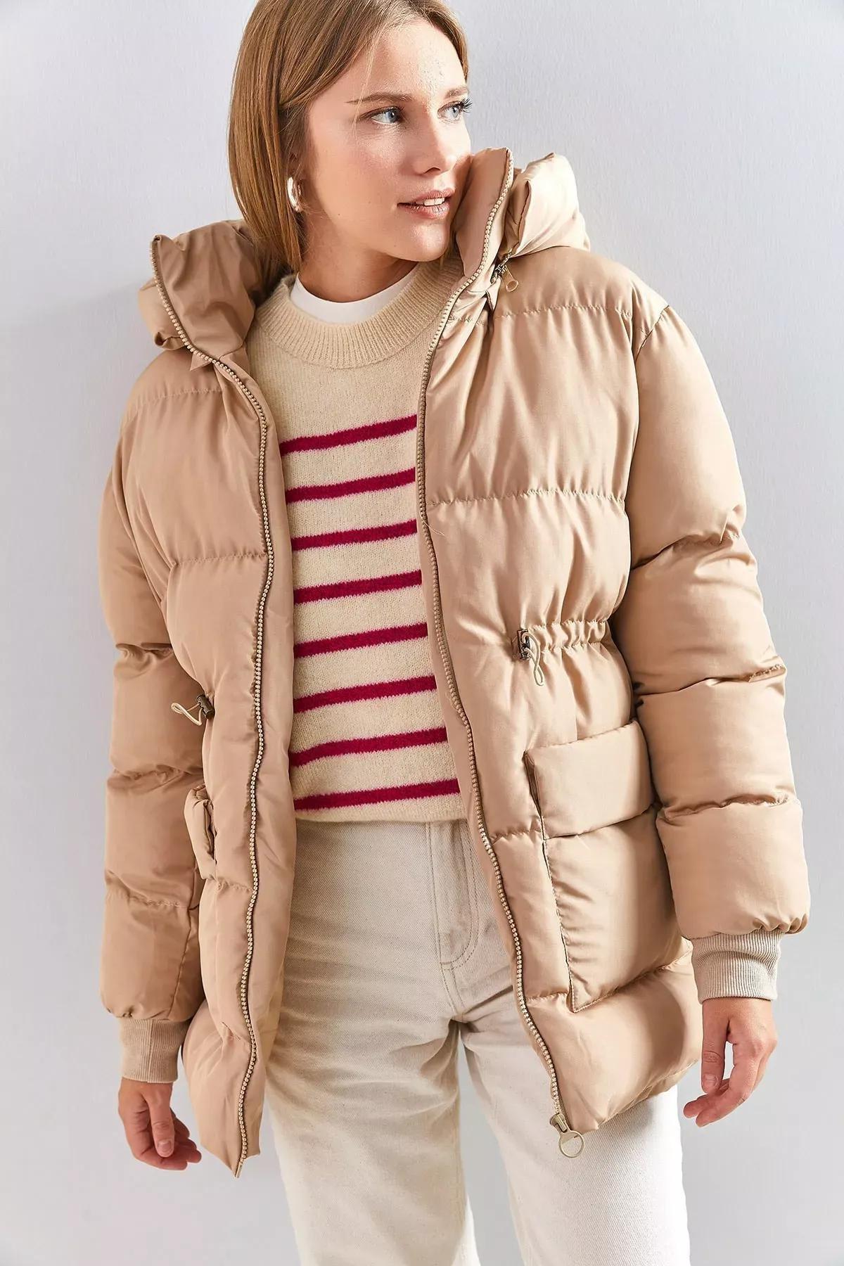 Beige Hooded Coat with Waist Elastic, Beige, large image number 2