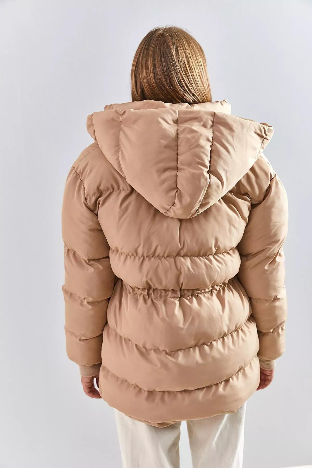 Beige Hooded Coat with Waist Elastic, , large image number 3