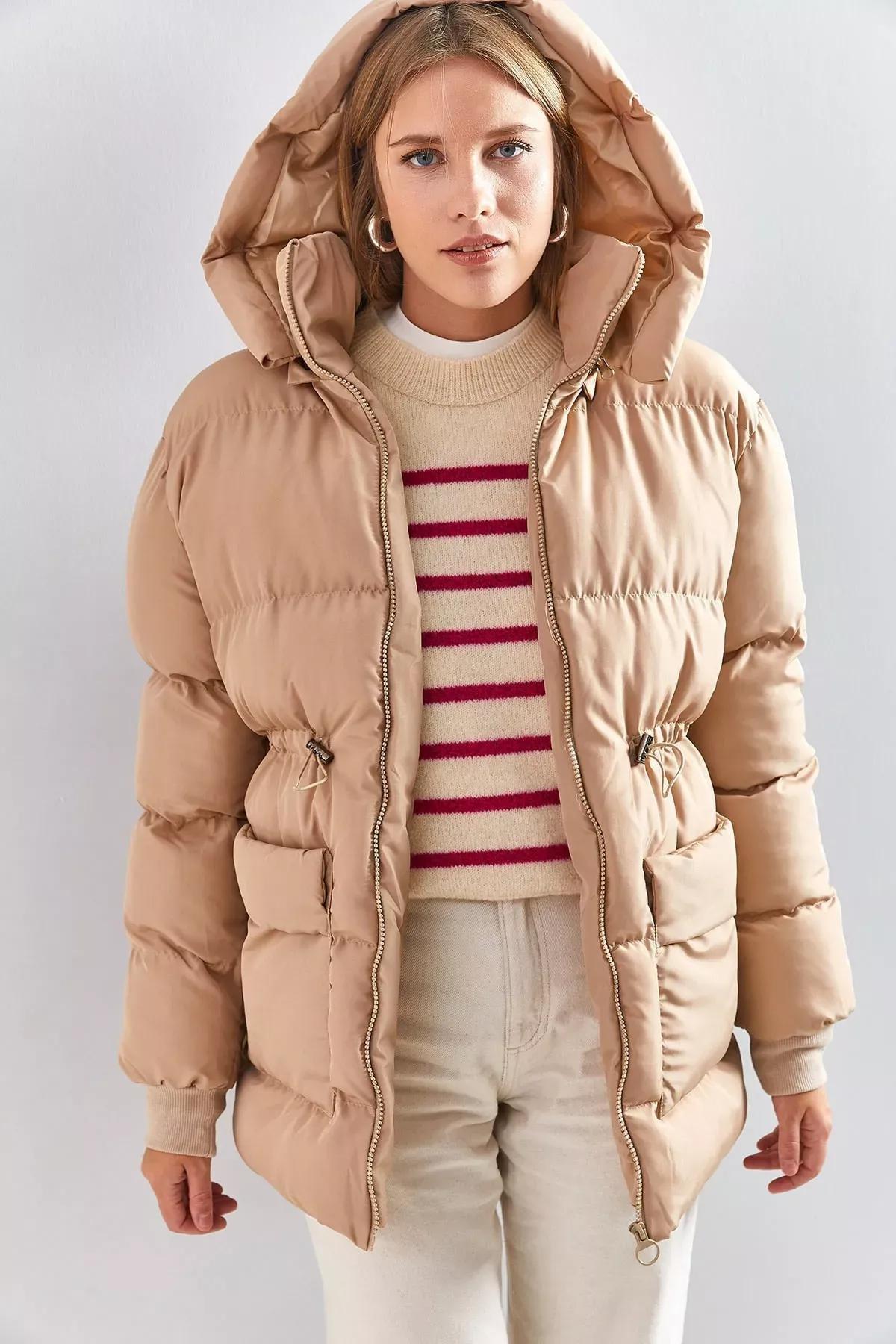 Beige Hooded Coat with Waist Elastic, , large image number 4