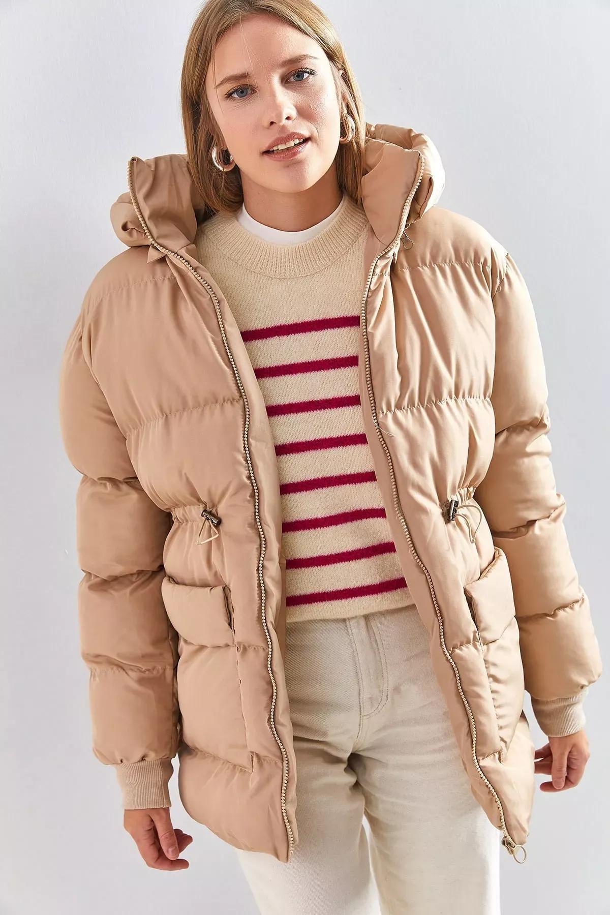 Beige Hooded Coat with Waist Elastic, , large image number 5