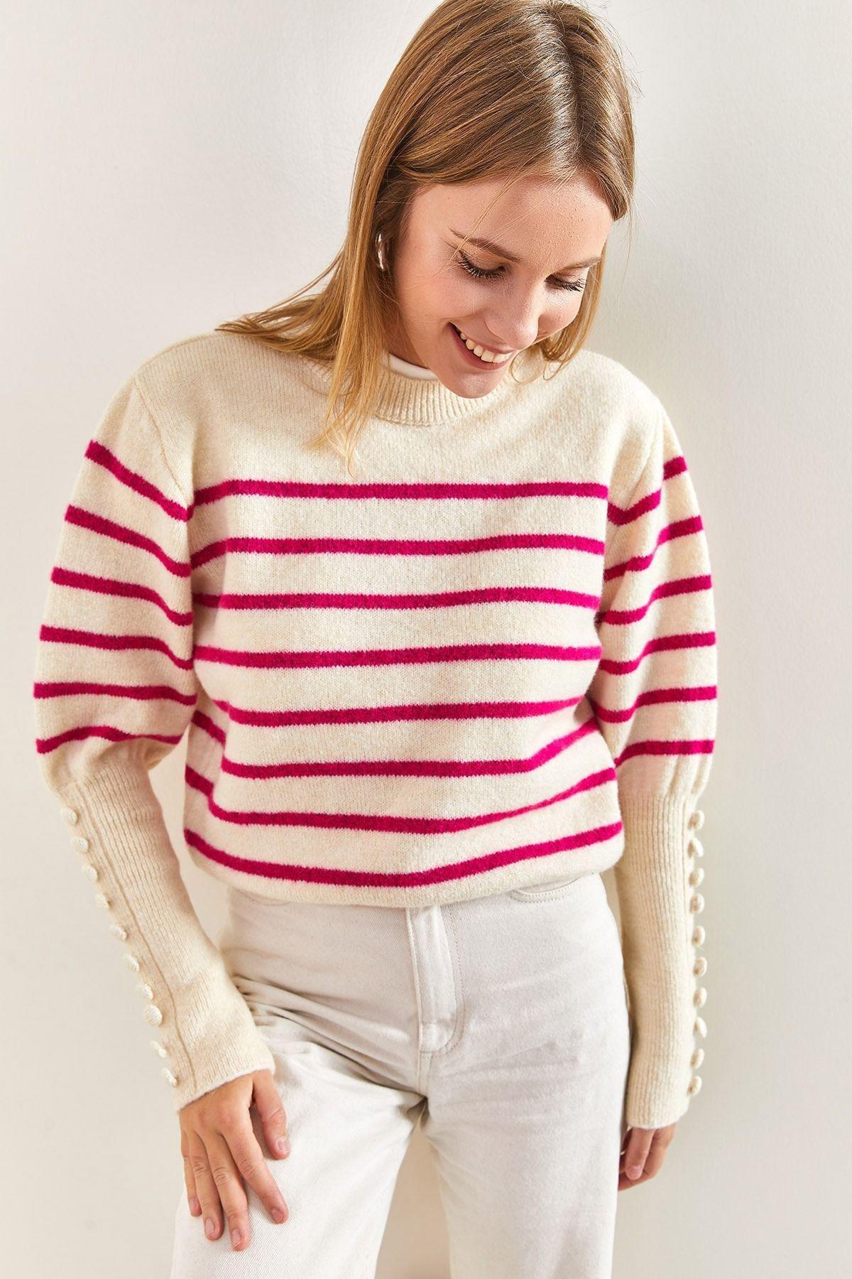 Multicolour Cufflinks Striped Knitted Sweater, White-Fuchsia, large image number 1