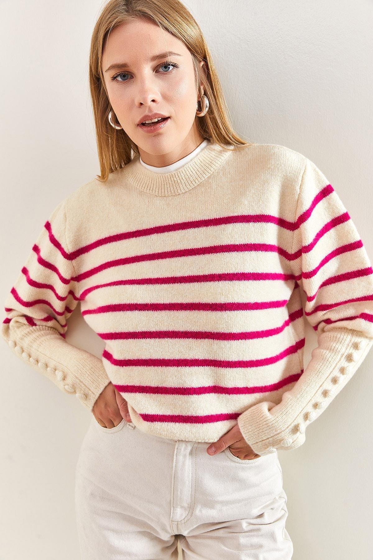 Multicolour Cufflinks Striped Knitted Sweater, White-Fuchsia, large image number 3