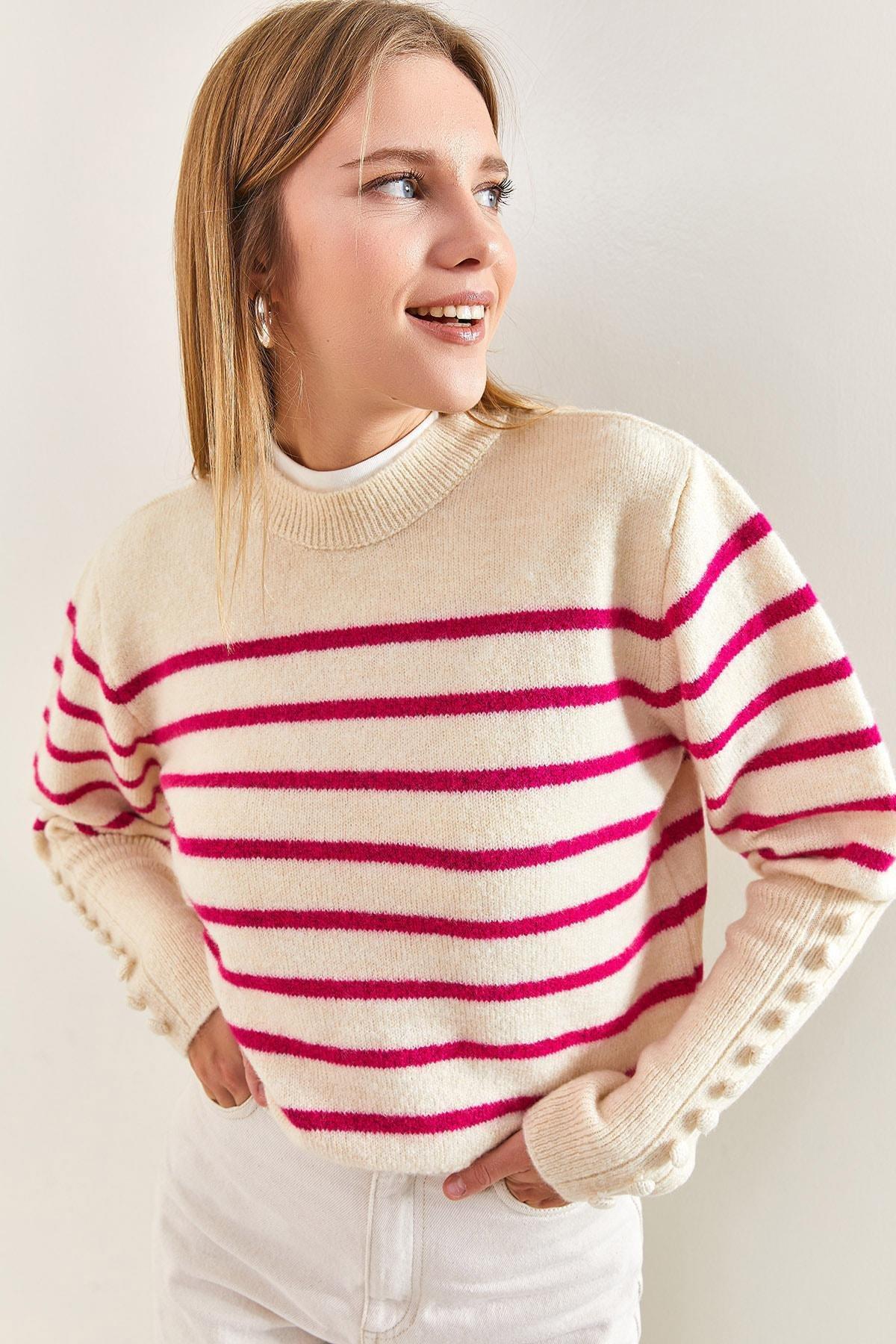 Multicolour Cufflinks Striped Knitted Sweater, White-Fuchsia, large image number 4