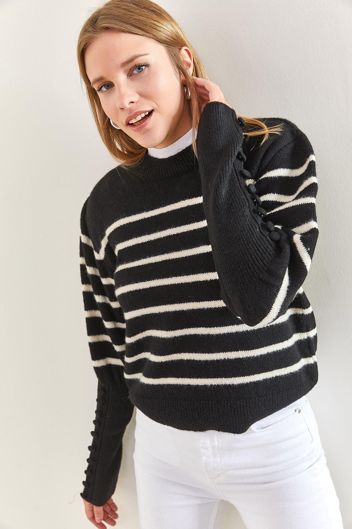 Multicolour Cufflinks Striped Knitted Sweater, Black-Beige, large image number 0